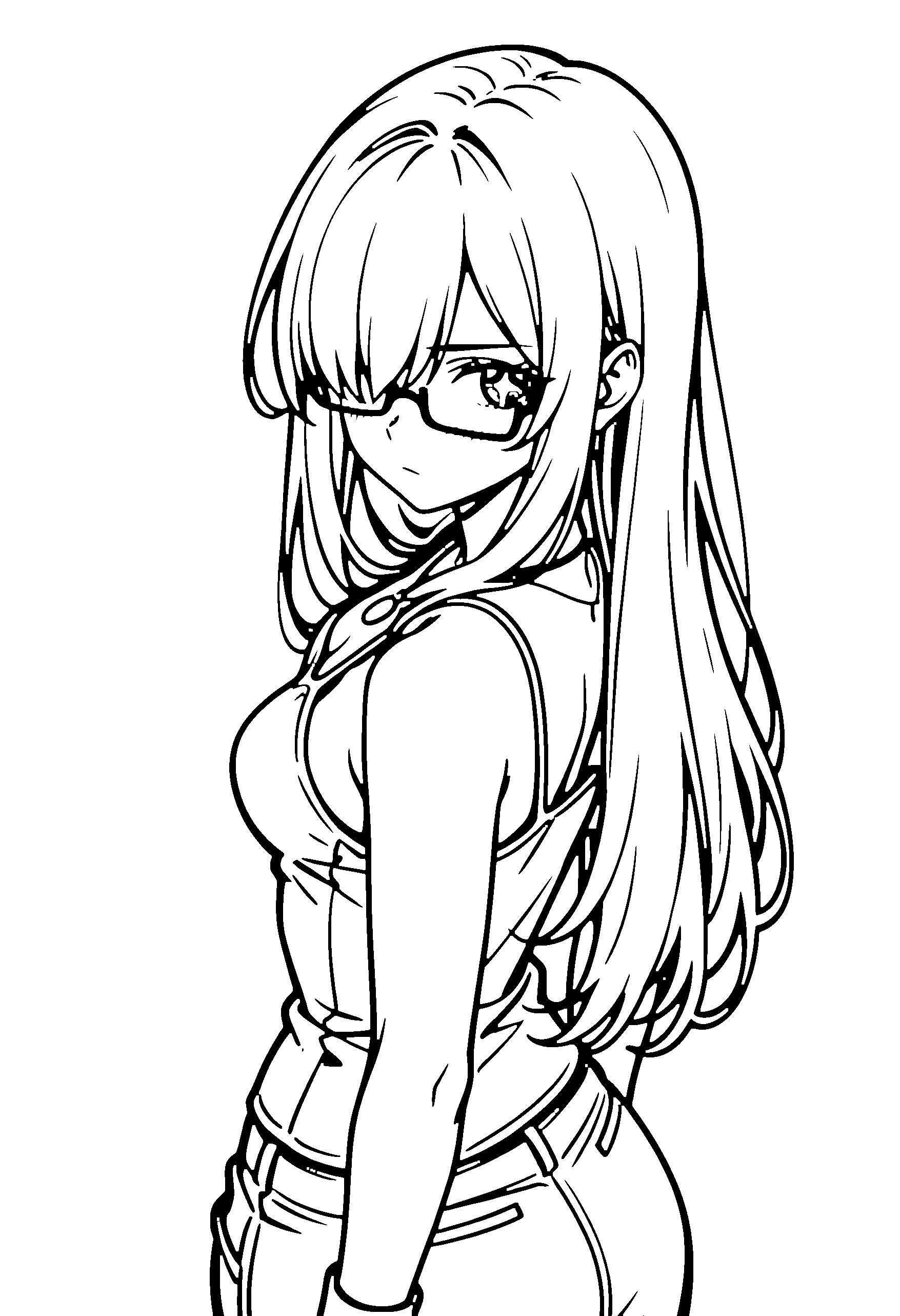 Black and white line art coloring page of an anime girl with long hair, camisole, glasses, necklace and serious