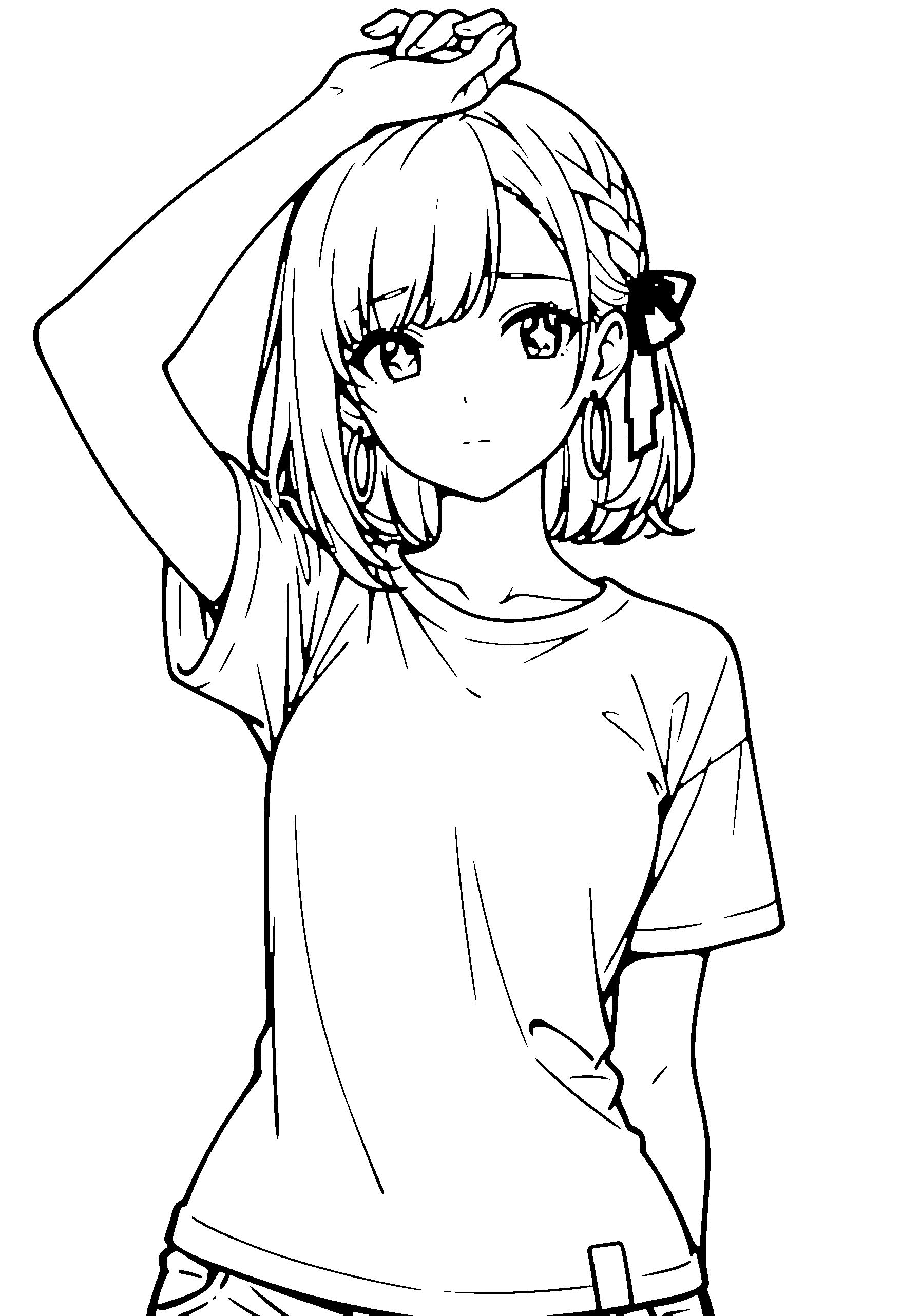 Black and white line art coloring page of an anime girl with medium hair, braid, t-shirt and shy