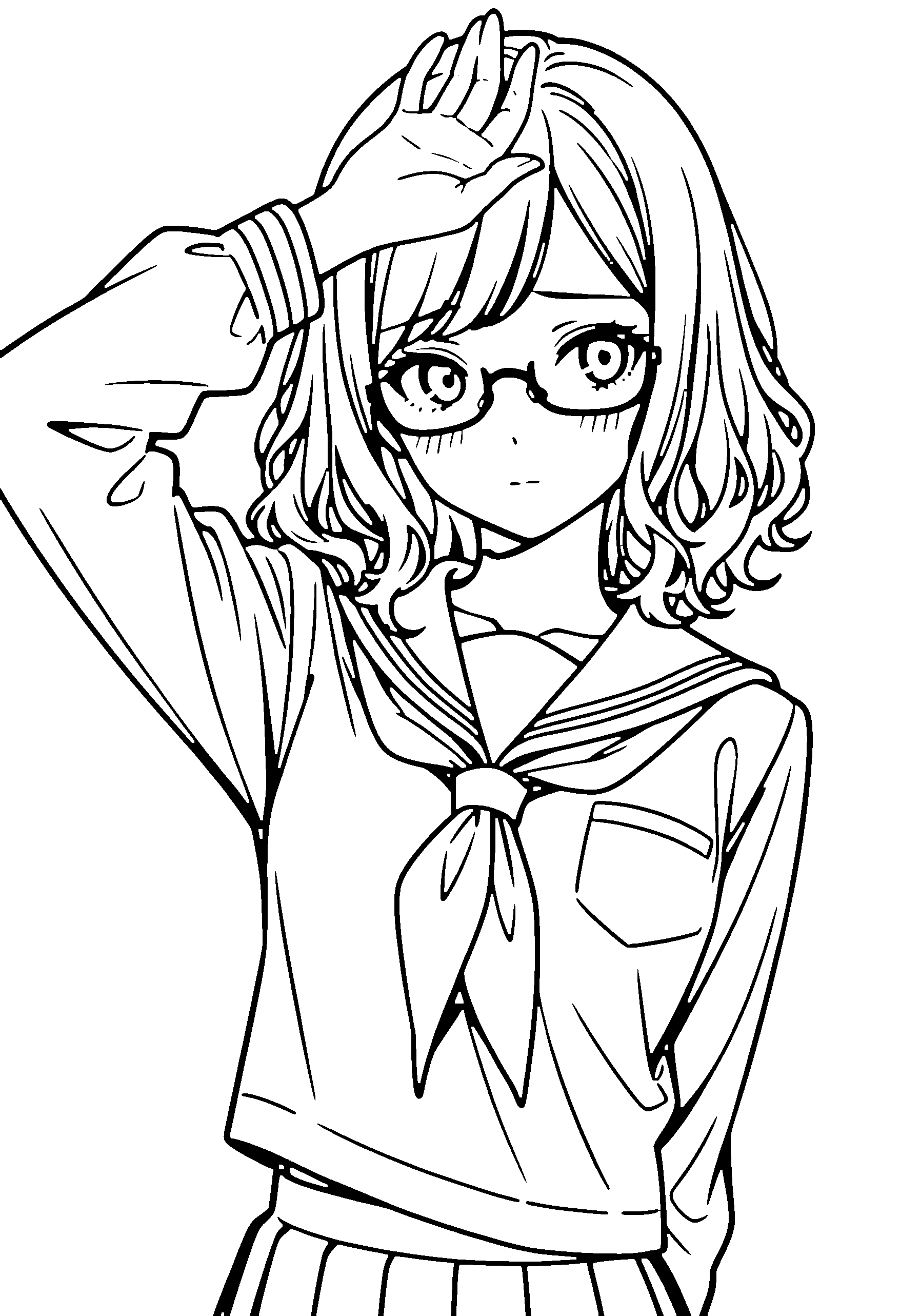 Black and white line art coloring page of an anime girl with medium hair, wavy hair, school uniform, glasses and shy
