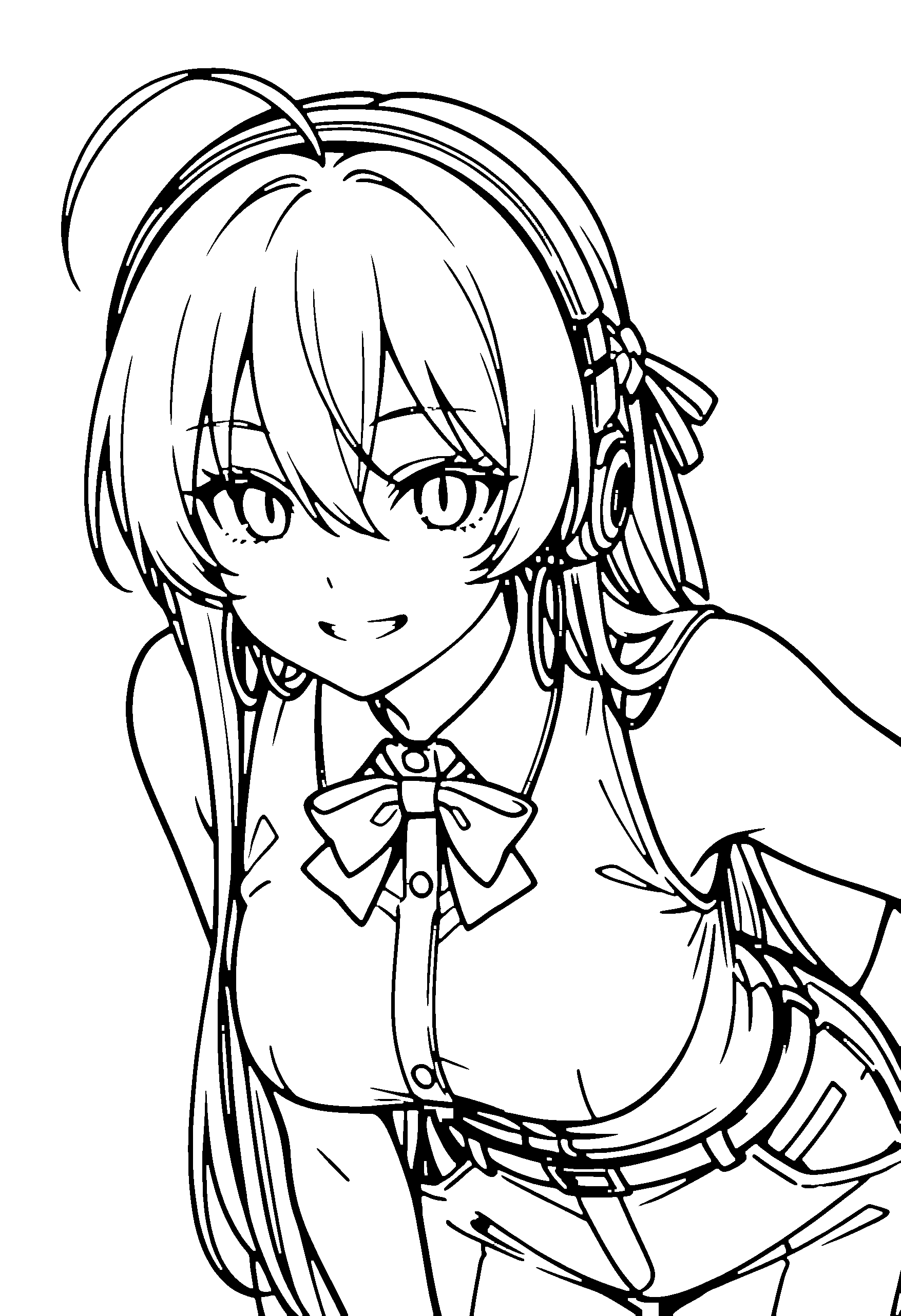 Black and white line art coloring page of an anime girl with long hair, braid, shirt, headphones, bow tie and grinning