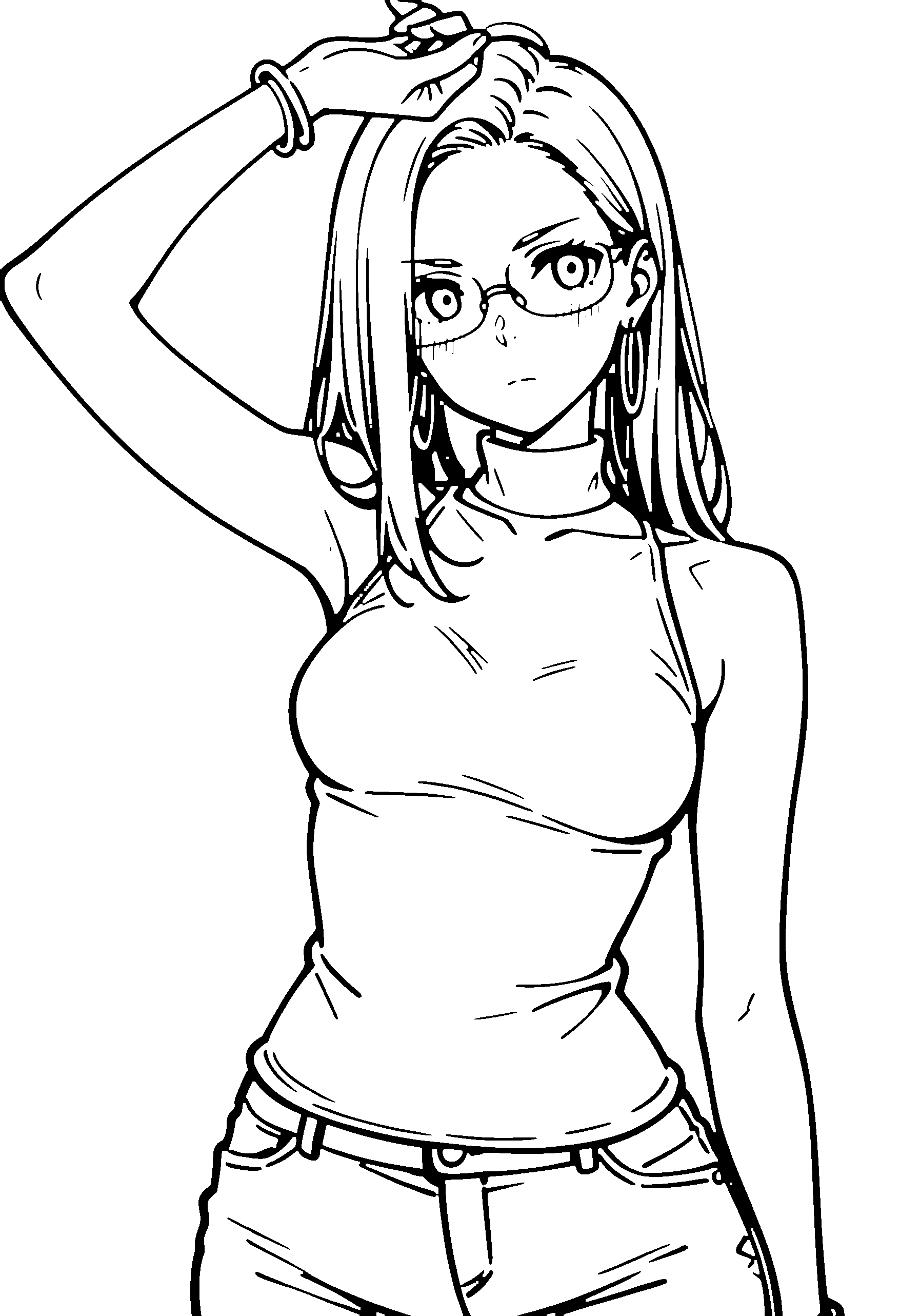 Black and white line art coloring page of an anime girl with long hair, turtleneck, glasses and serious