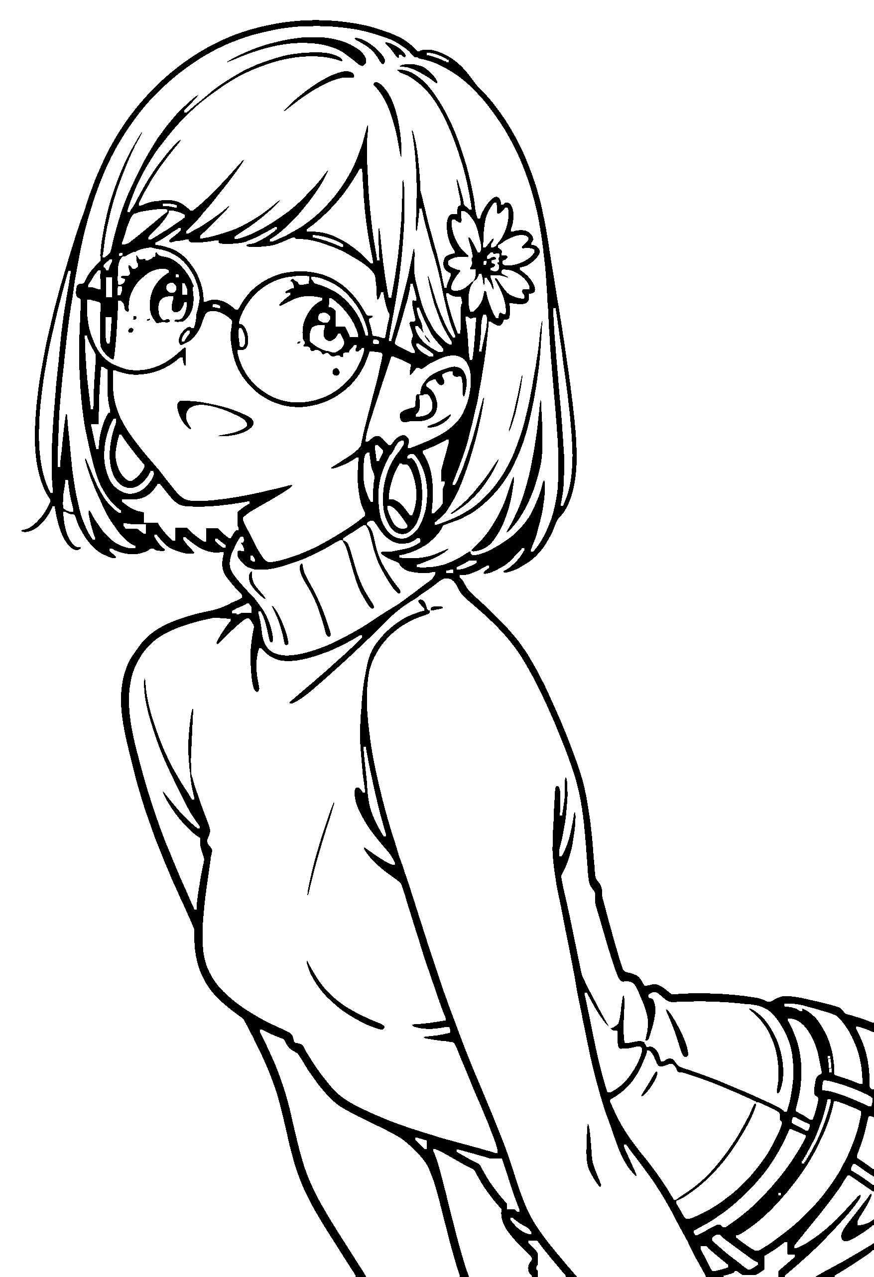 Black and white line art coloring page of an anime girl with medium hair, turtleneck, hair flower, glasses and smiling