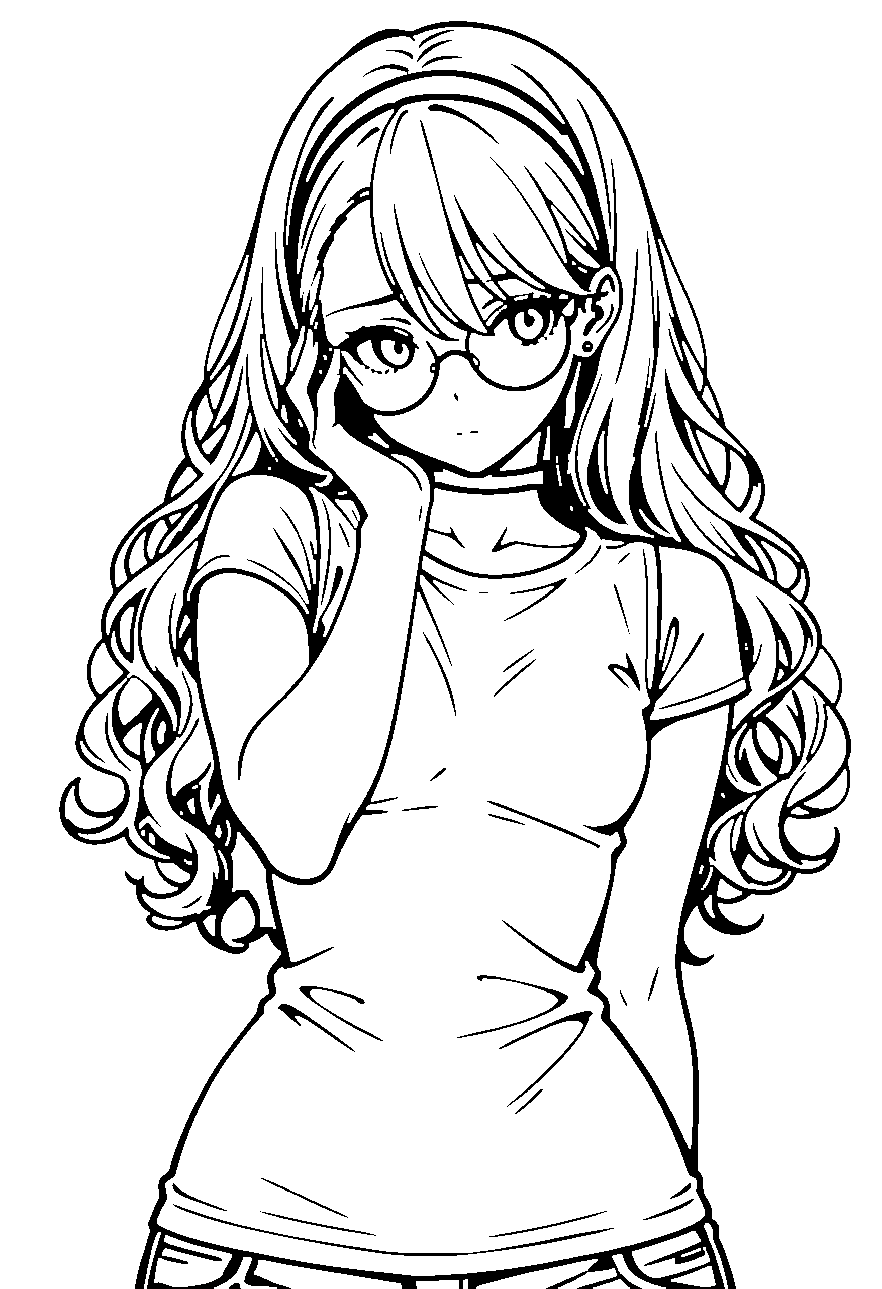 Black and white line art coloring page of an anime girl with long hair, wavy hair, t-shirt, headband, glasses, choker and shy