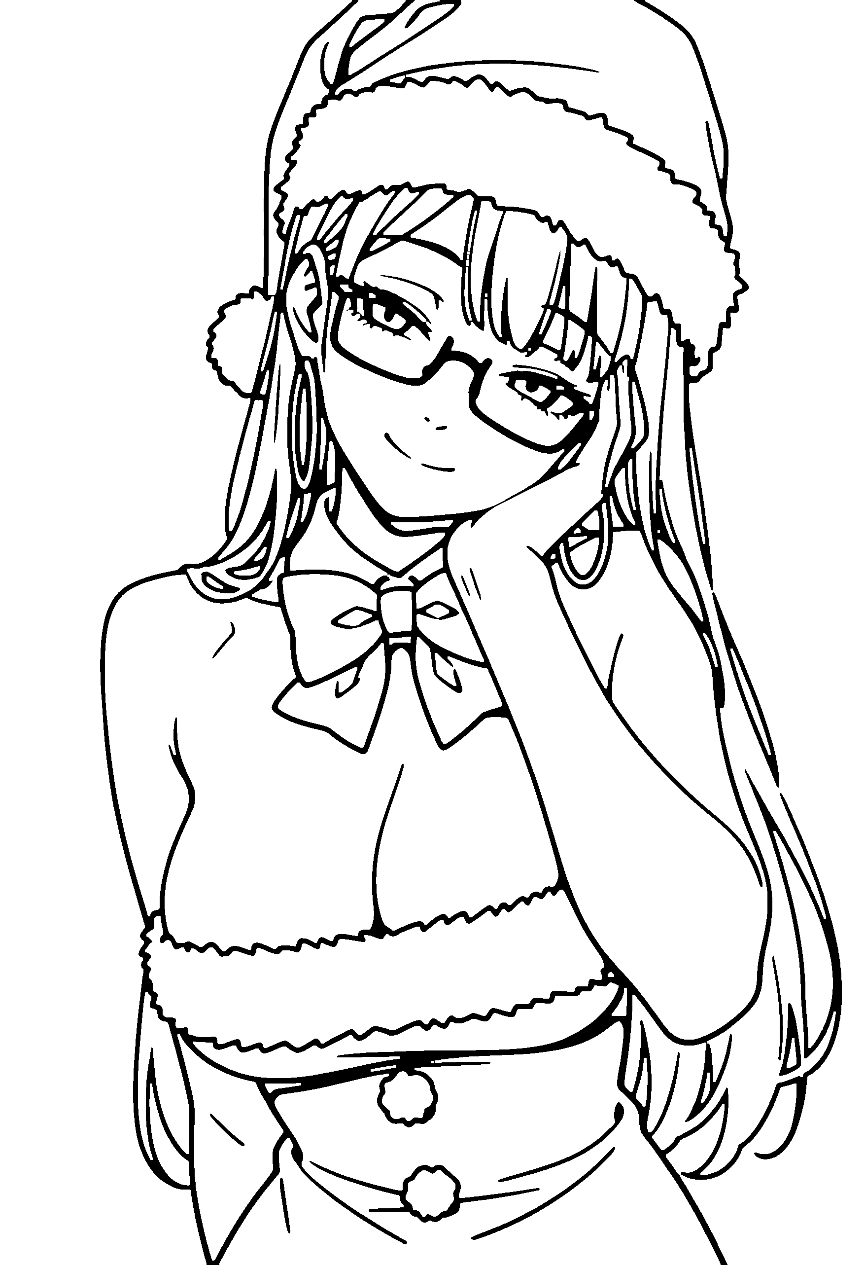 Black and white line art coloring page of an anime girl with santa costume, long hair, glasses, bow tie and smiling