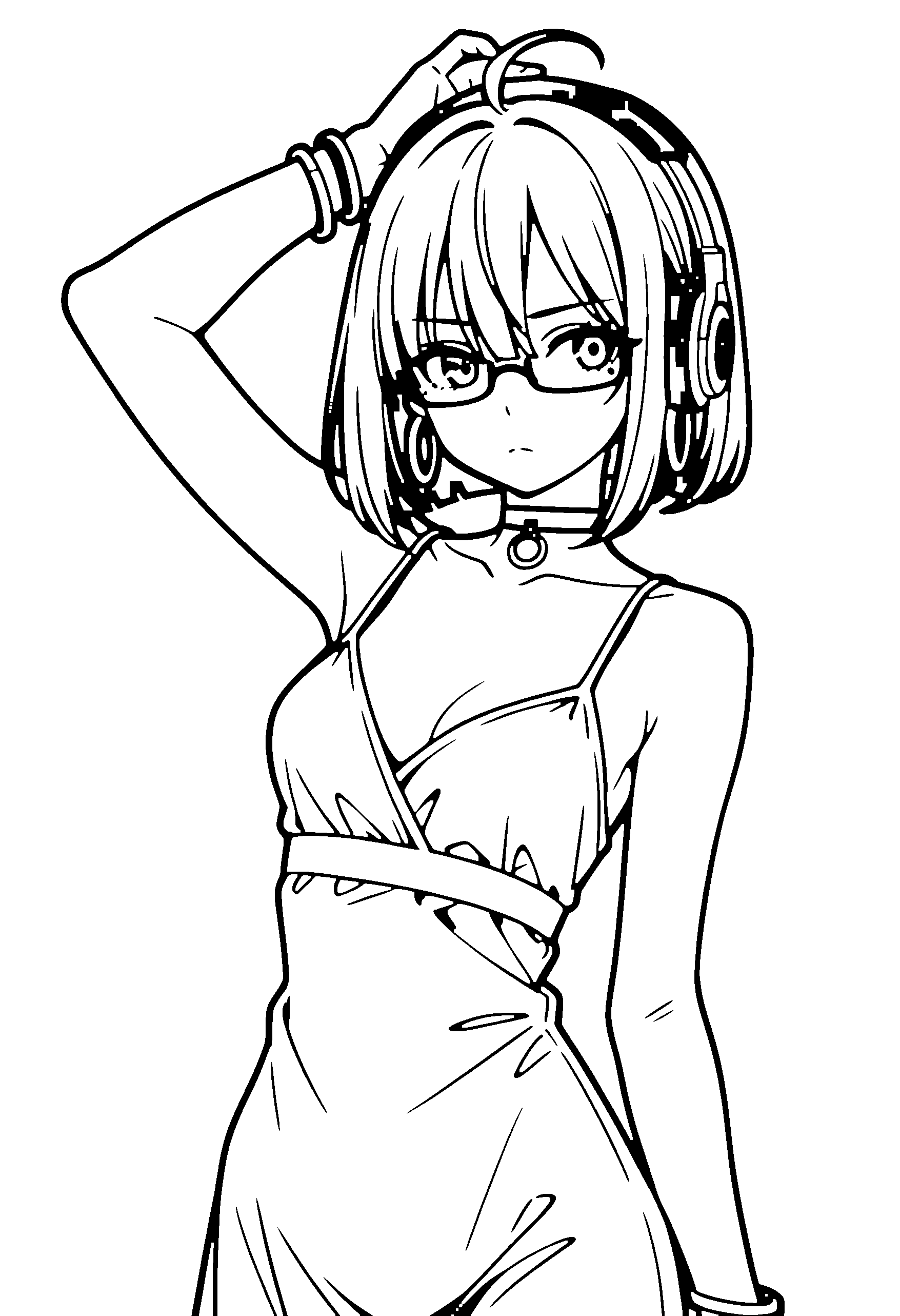 Black and white line art coloring page of an anime girl with bob cut, dress, headphones, glasses, choker and frowning