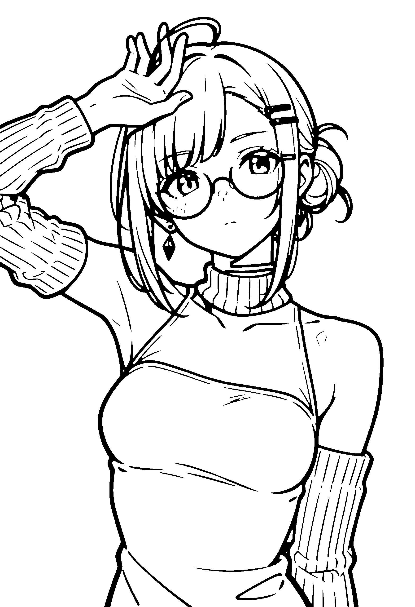 Black and white line art coloring page of an anime girl with medium hair, hair bun, turtleneck, glasses, choker and serious