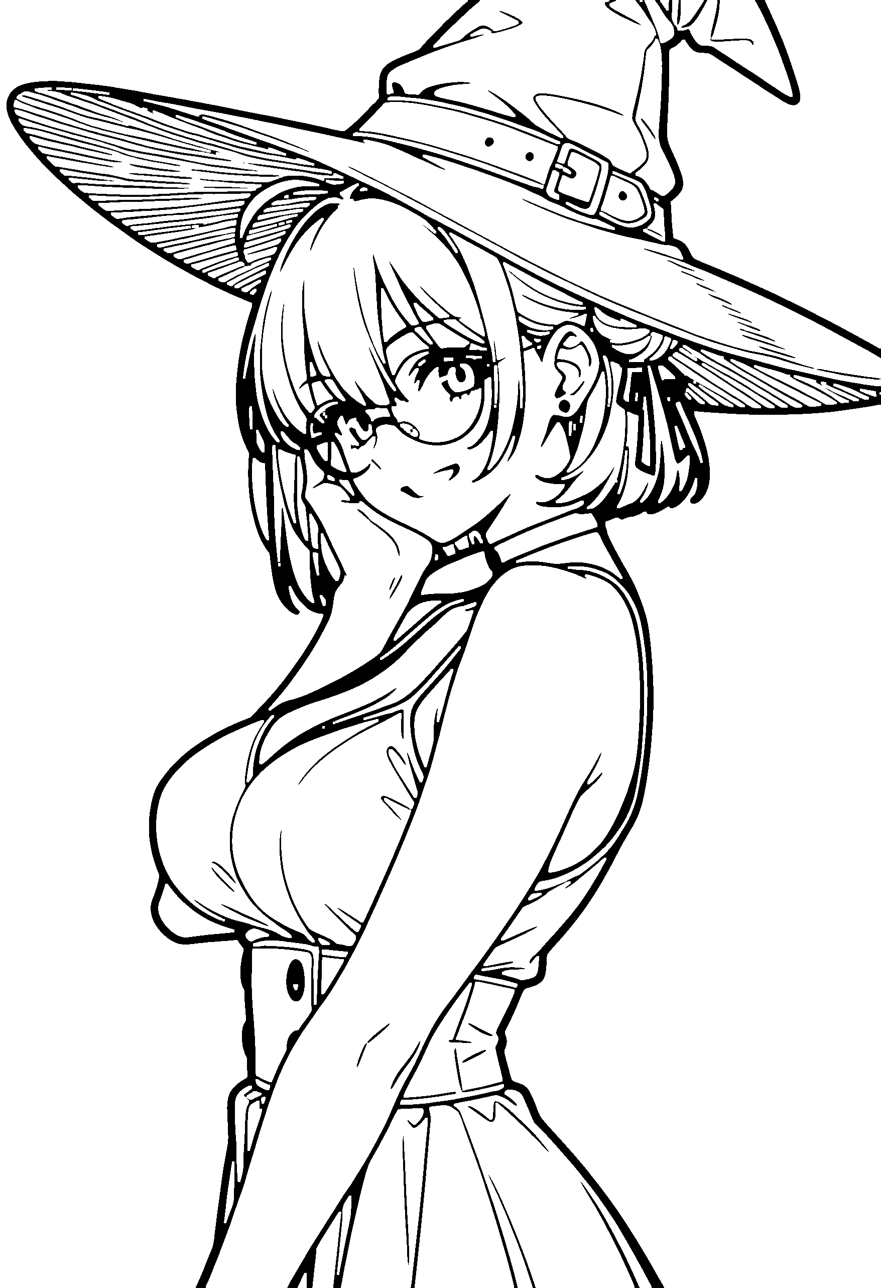 Black and white line art coloring page of an anime girl with witch outfit, bob cut, hair bun, dress, glasses, choker and grinning