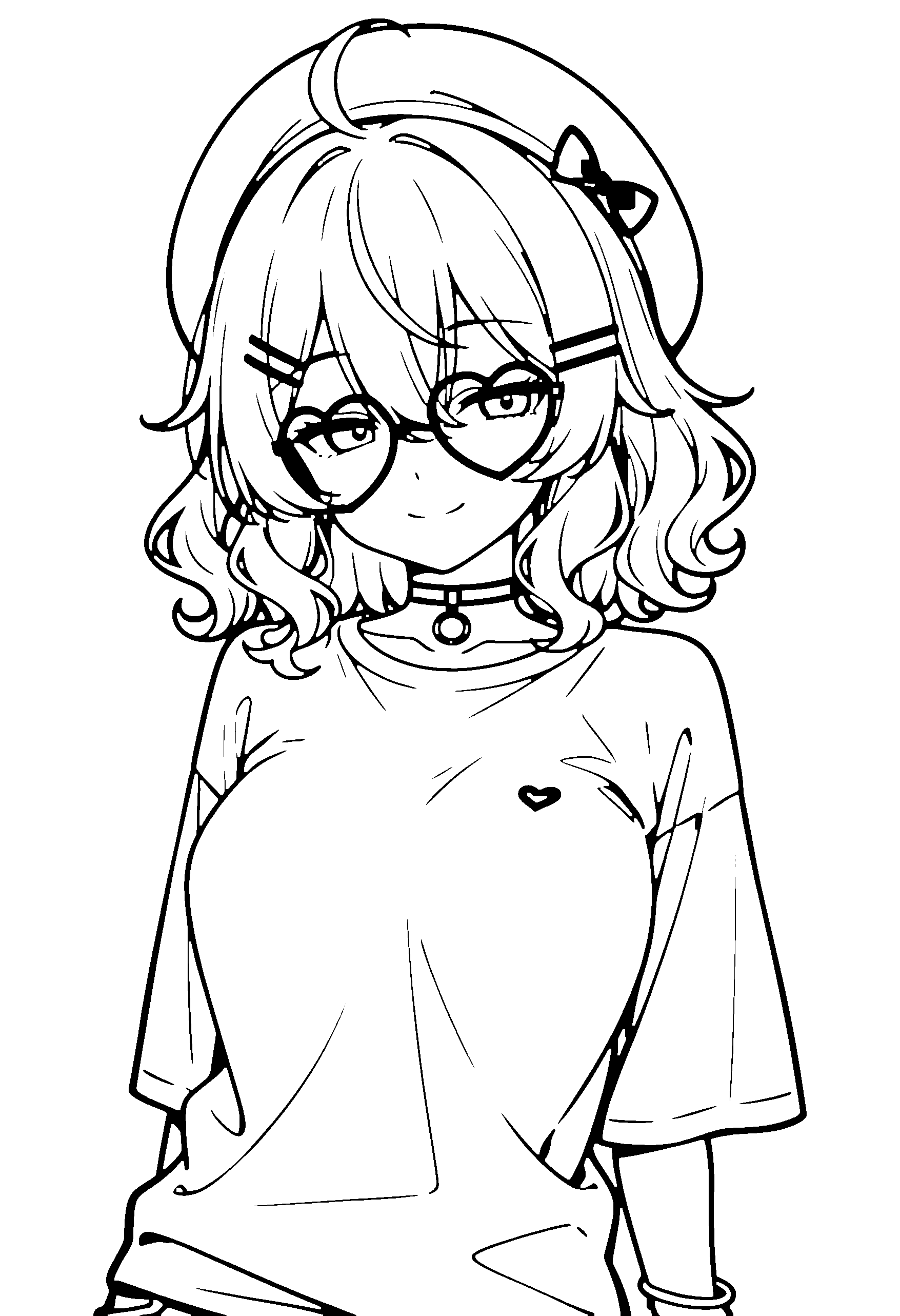 Black and white line art coloring page of an anime girl with medium hair, wavy hair, t-shirt, beret, glasses, choker and smiling