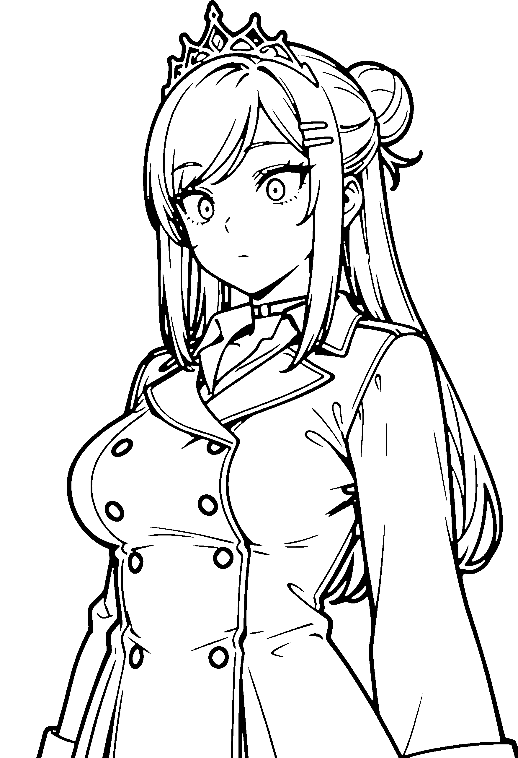 Black and white line art coloring page of an anime girl with long hair, hair bun, collared shirt, tiara, choker and surprised