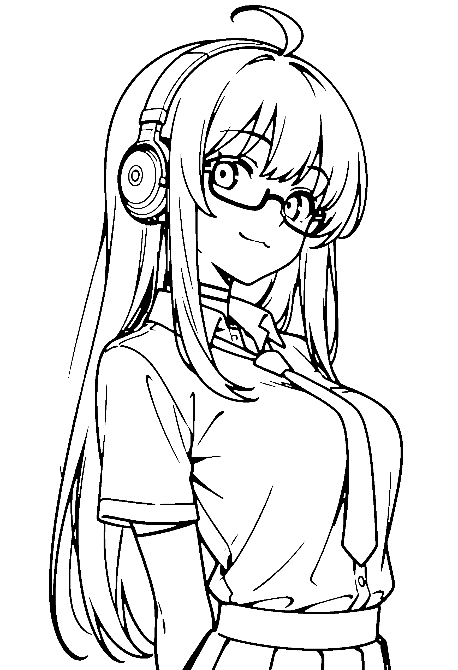 Black and white line art coloring page of an anime girl with long hair, collared shirt, headphones, glasses, choker and smiling