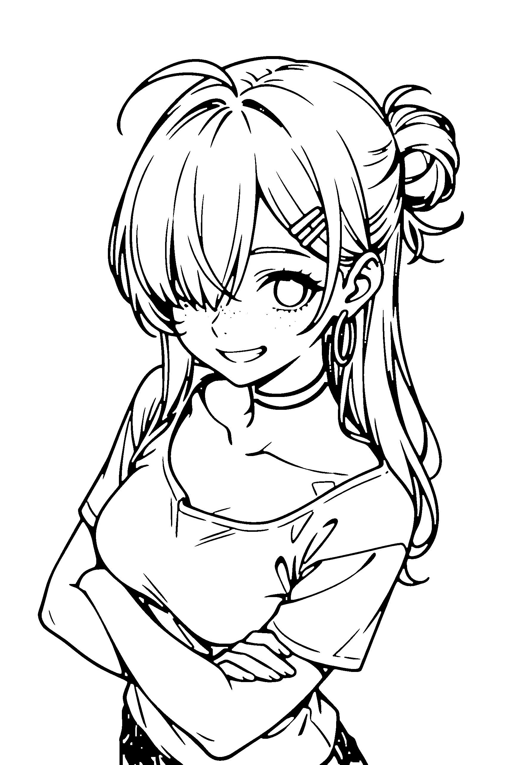 Black and white line art coloring page of an anime girl with long hair, hair bun, shirt, choker and grinning