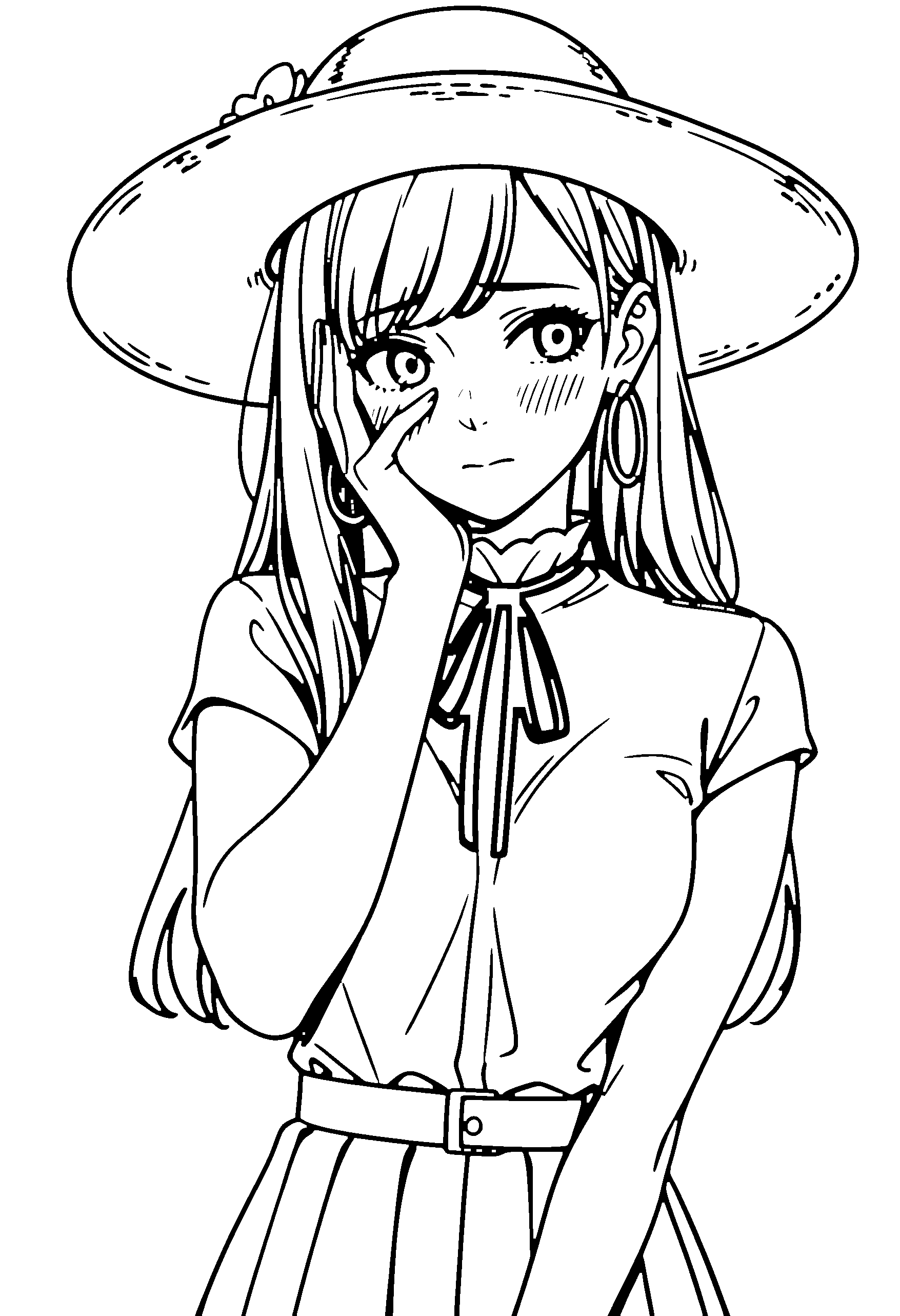 Black and white line art coloring page of an anime girl with long hair, shirt, sun hat, ribbon and shy