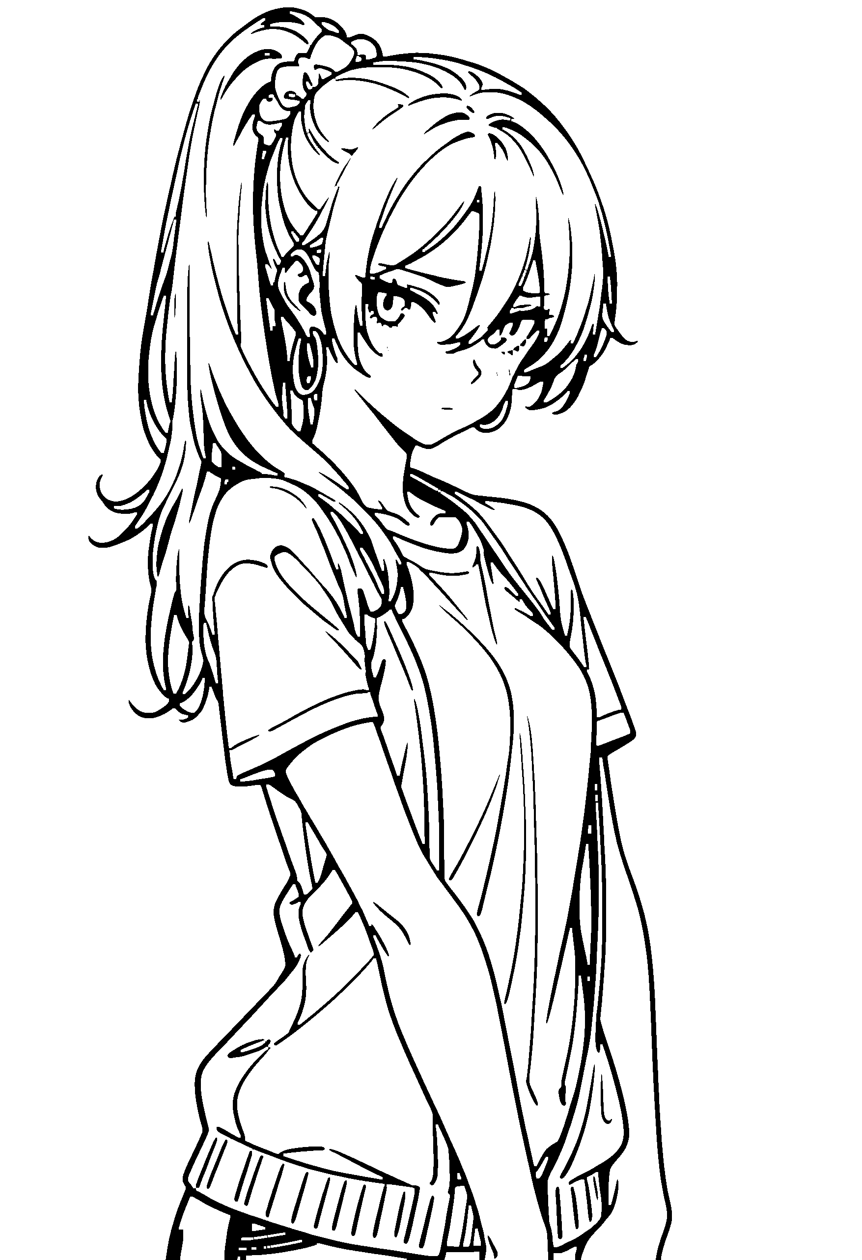 Black and white line art coloring page of an anime girl with long hair, ponytail, cardigan and shy