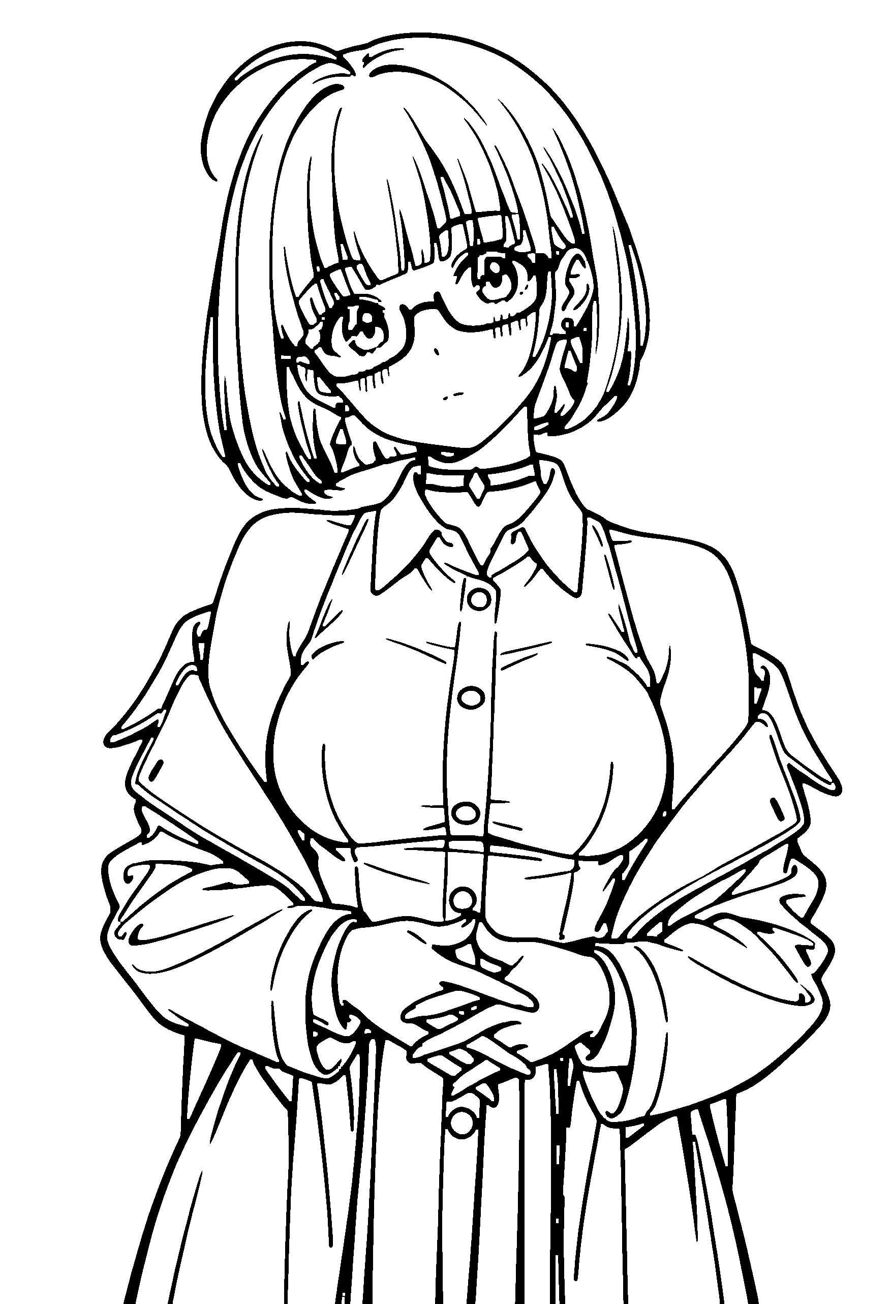 Black and white line art coloring page of an anime girl with bob cut, collared shirt, glasses, choker and serious