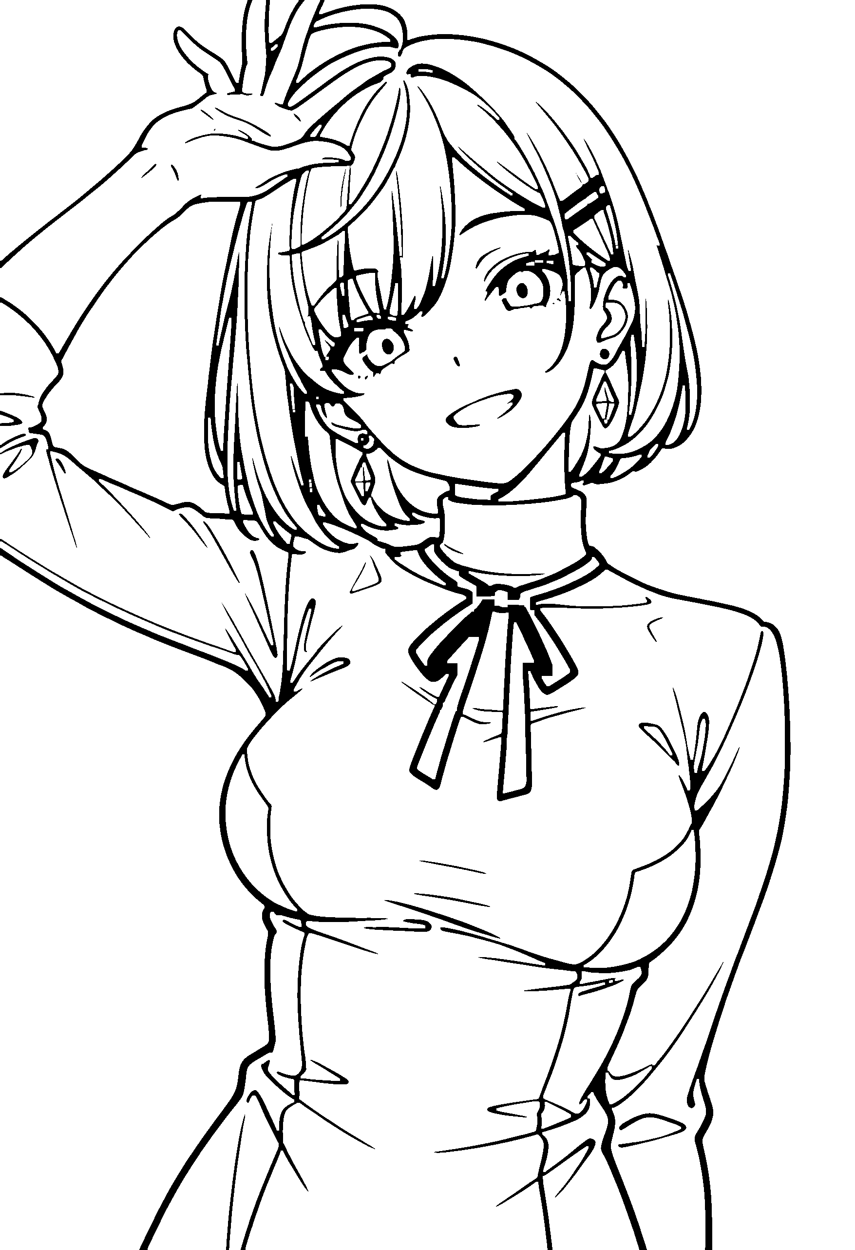 Black and white line art coloring page of an anime girl with bob cut, turtleneck, ribbon and grinning