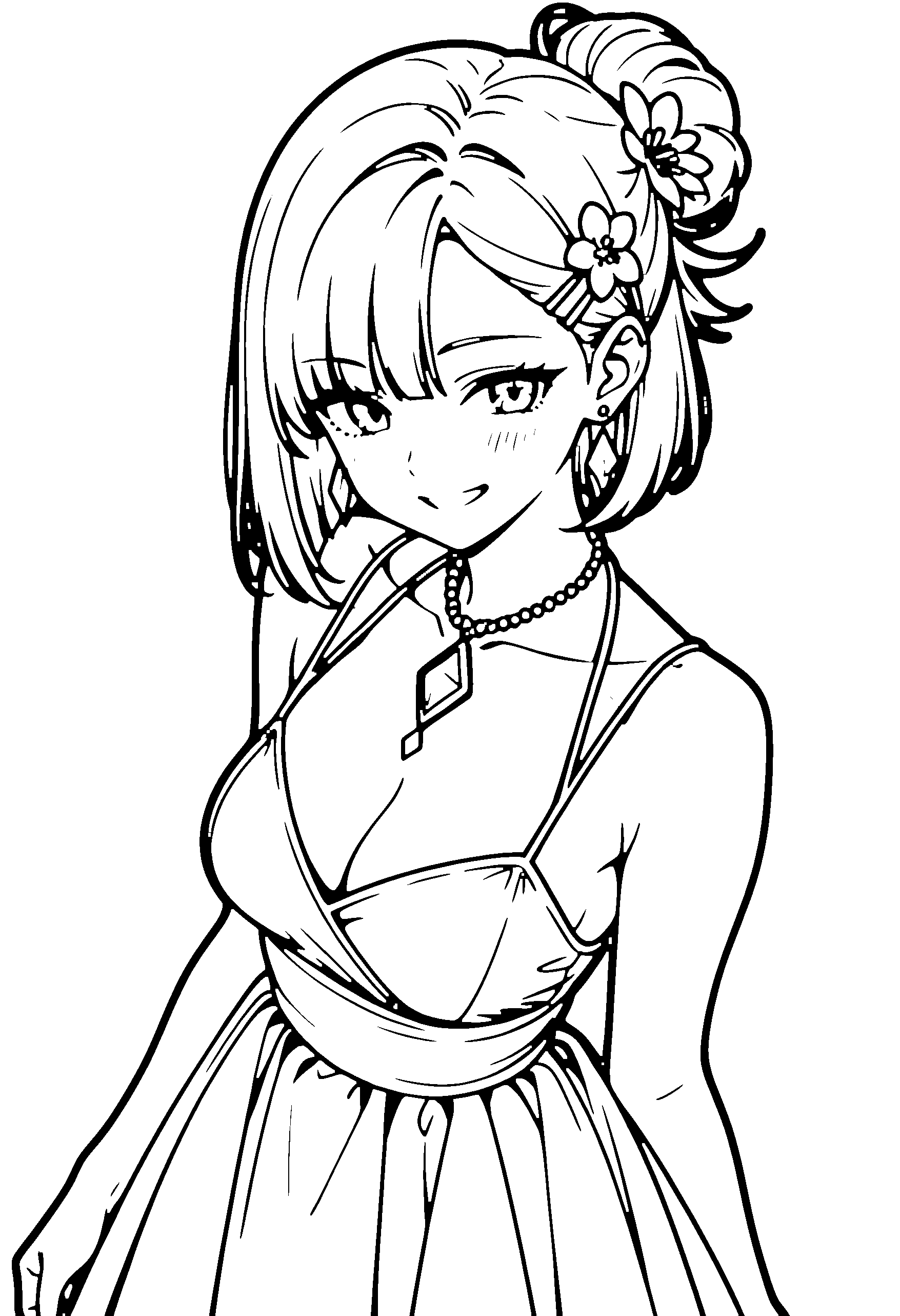 Black and white line art coloring page of an anime girl with bob cut, hair bun, dress, hair flower, necklace and grinning