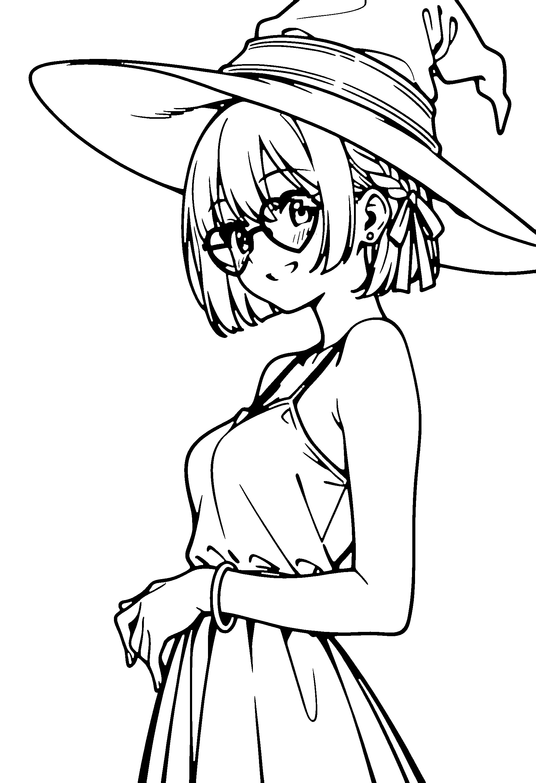 Black and white line art coloring page of an anime girl with witch outfit, bob cut, braid, dress, glasses and grinning