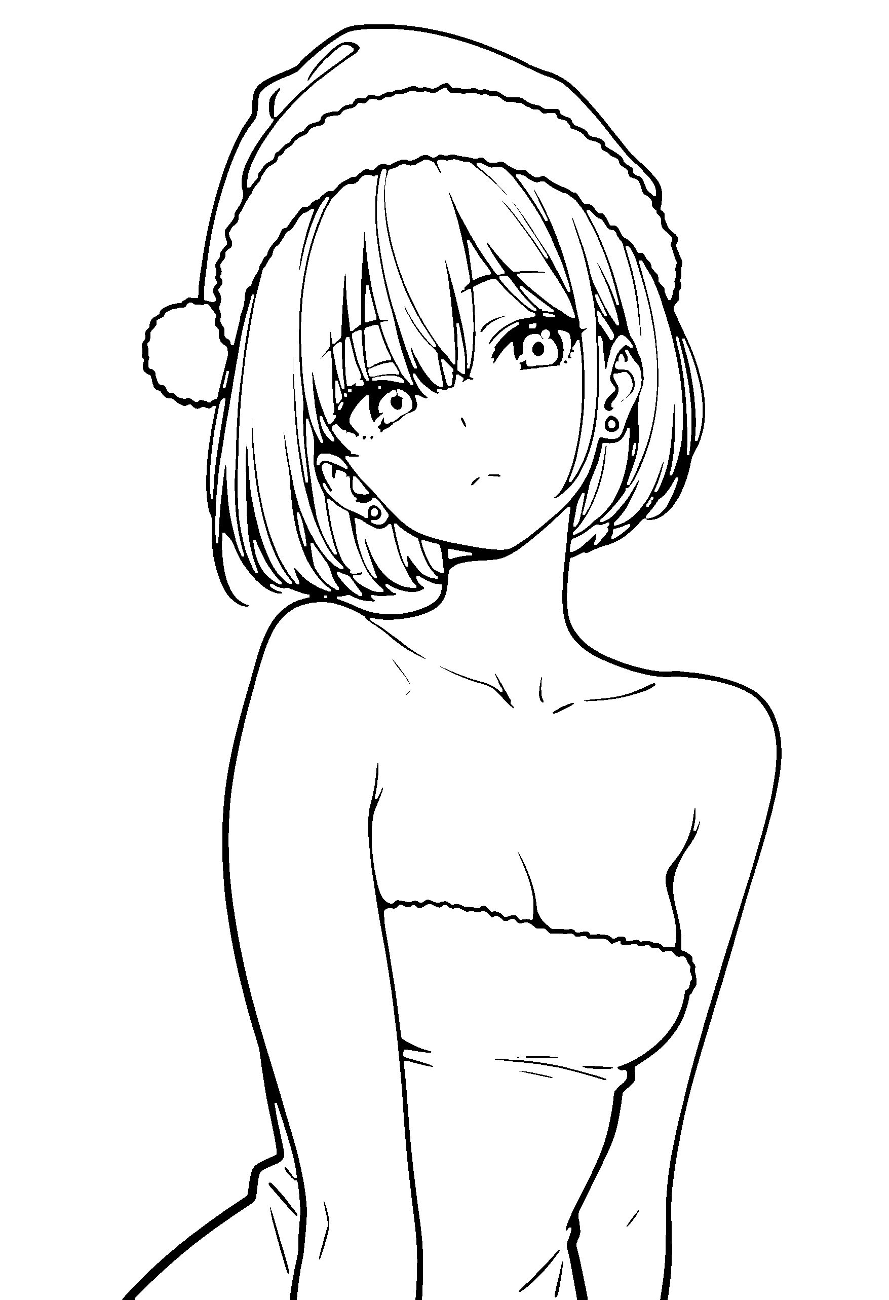 Black and white line art coloring page of an anime girl with santa costume, bob cut and frowning