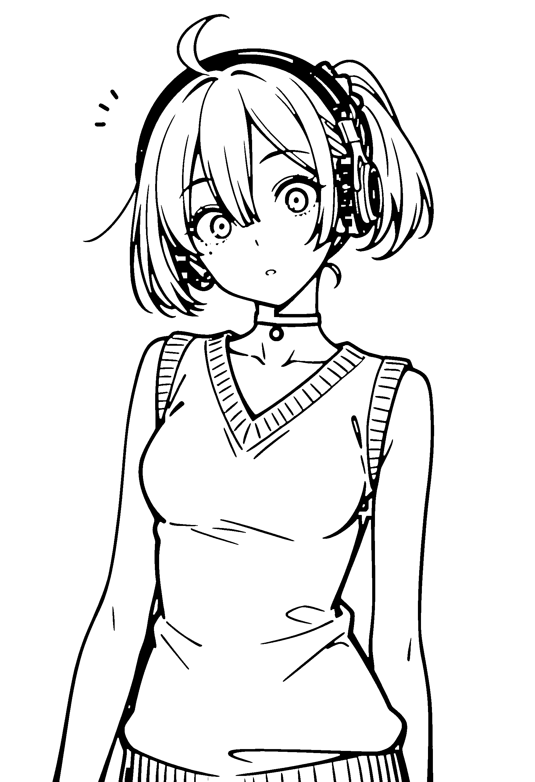 Black and white line art coloring page of an anime girl with bob cut, ponytail, sweater vest, headphones, choker and surprised