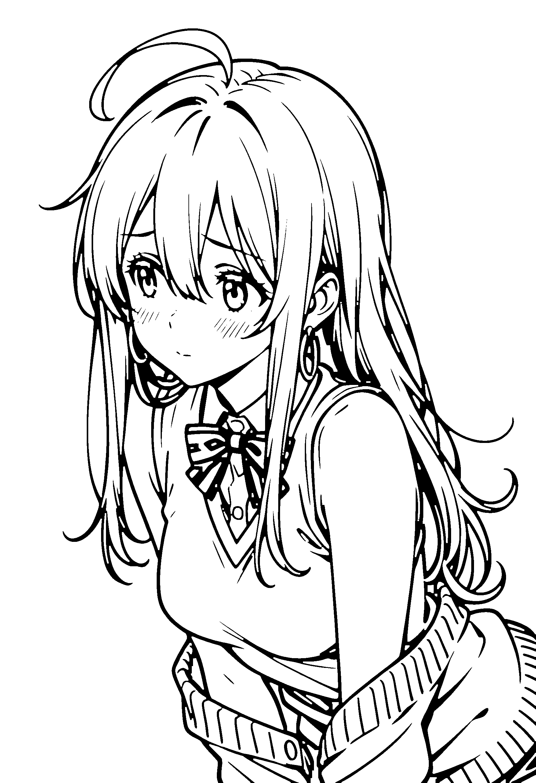 Black and white line art coloring page of an anime girl with long hair, cardigan, bow tie and shy