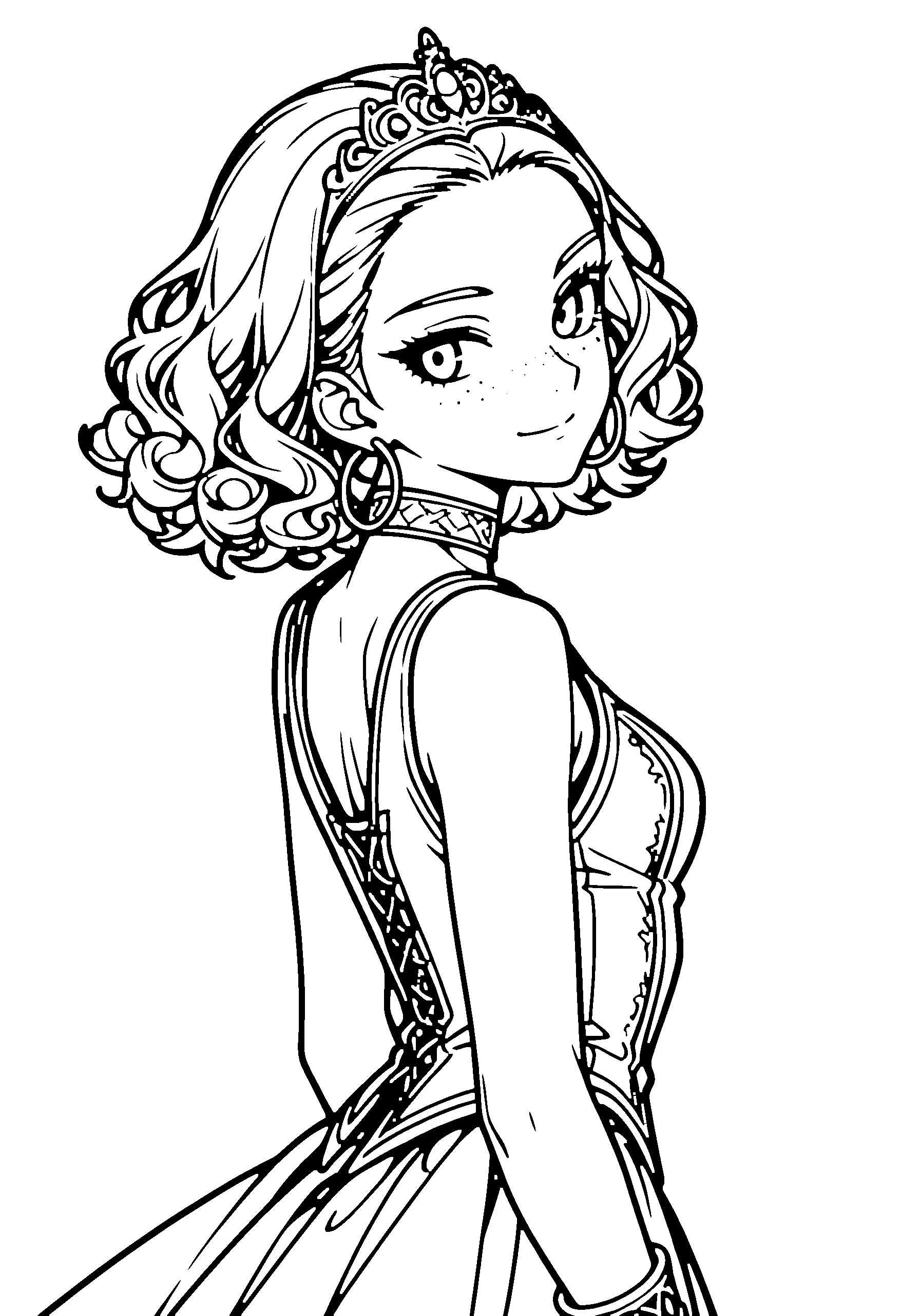 Black and white line art coloring page of an anime girl with medium hair, curly hair, vest, tiara, choker and smiling