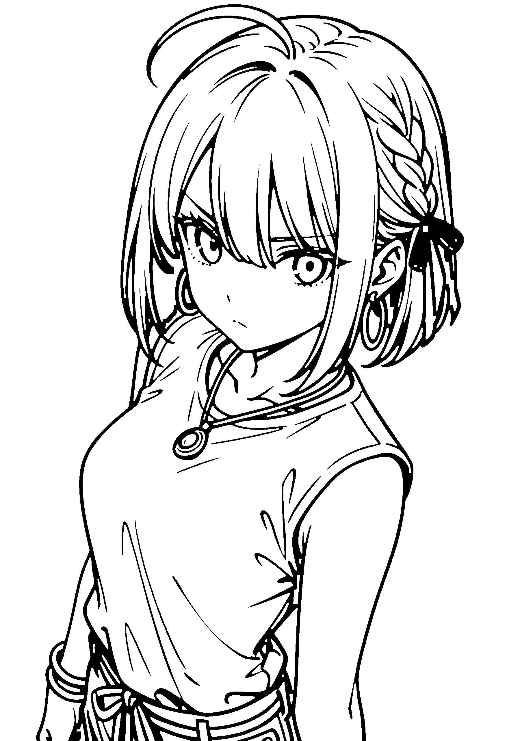 Black and white line art coloring page of an anime girl with bob cut, braid, t-shirt, necklace and frowning