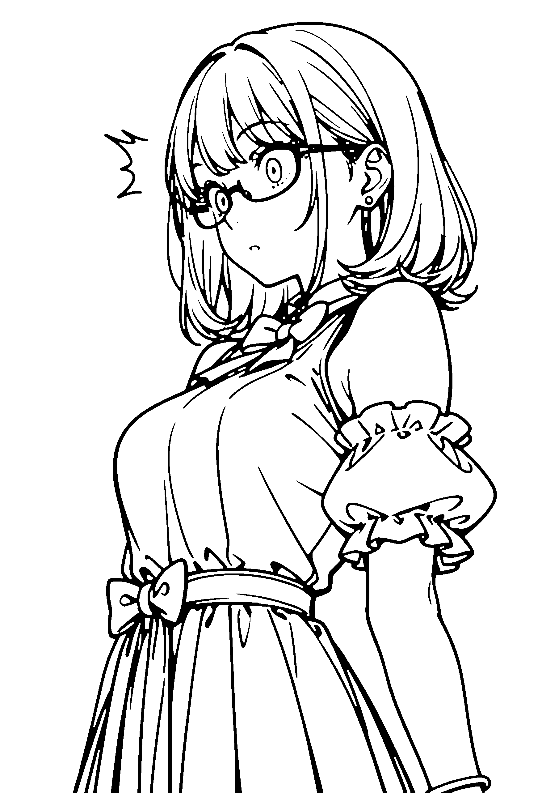 Black and white line art coloring page of an anime girl with medium hair, dress, glasses, bow tie and surprised