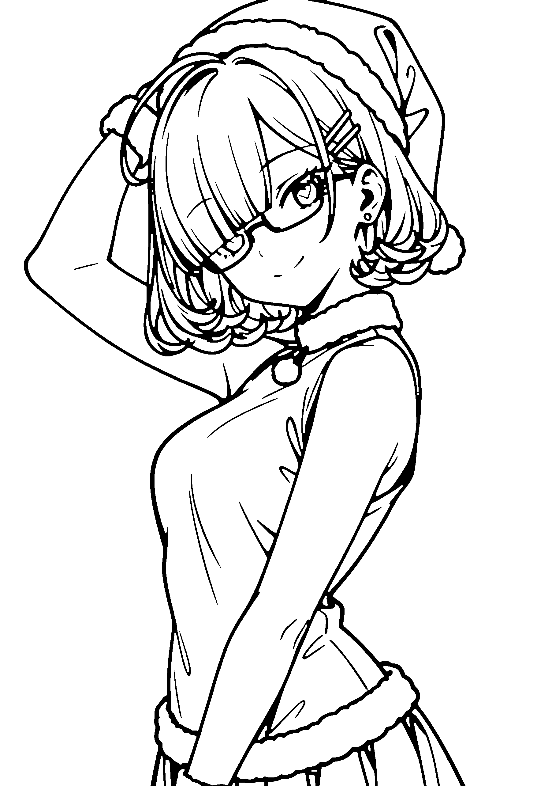 Black and white line art coloring page of an anime girl with santa costume, bob cut, curly hair, glasses and smiling