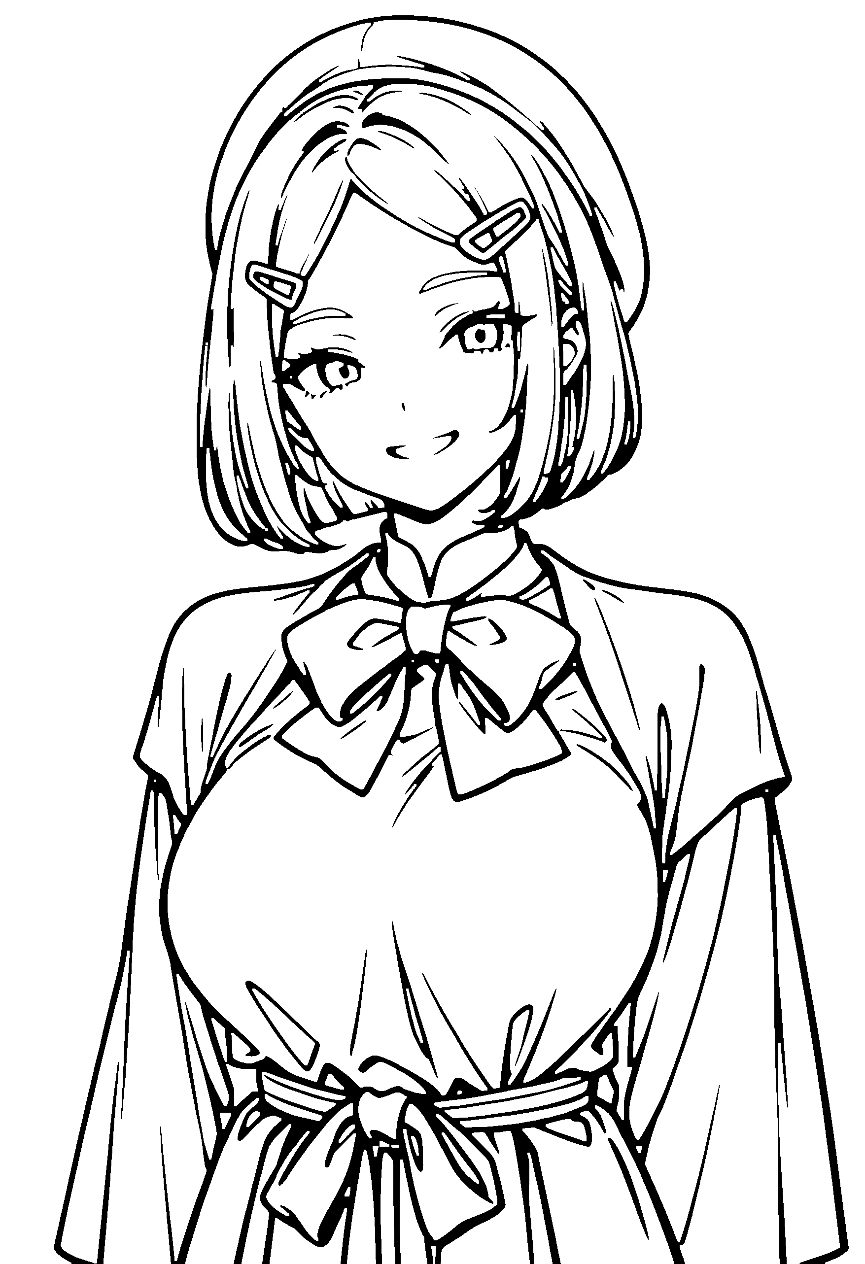 Black and white line art coloring page of an anime girl with bob cut, robe, beret, bow tie and grinning