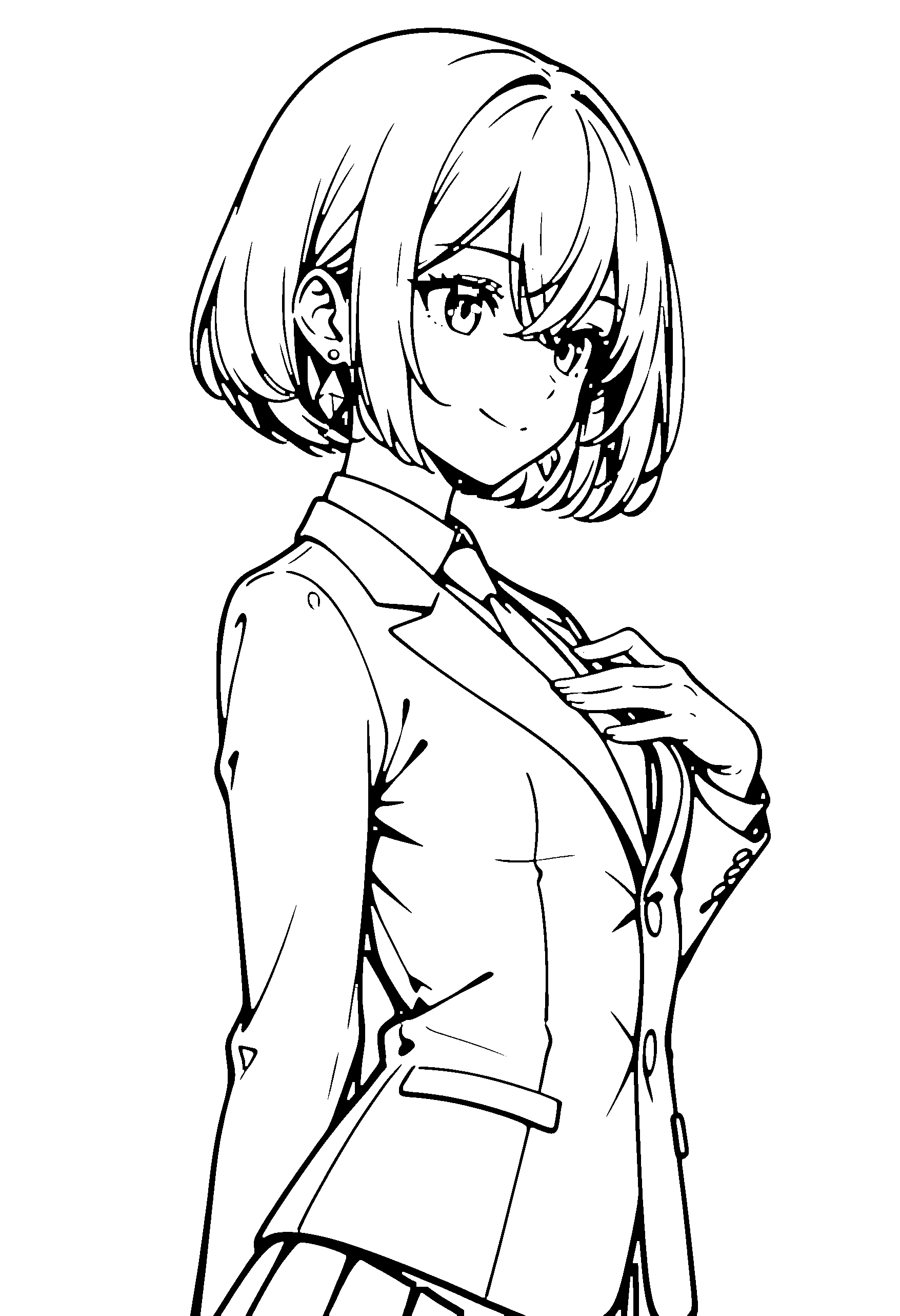 Black and white line art coloring page of an anime girl with bob cut, suit and smiling