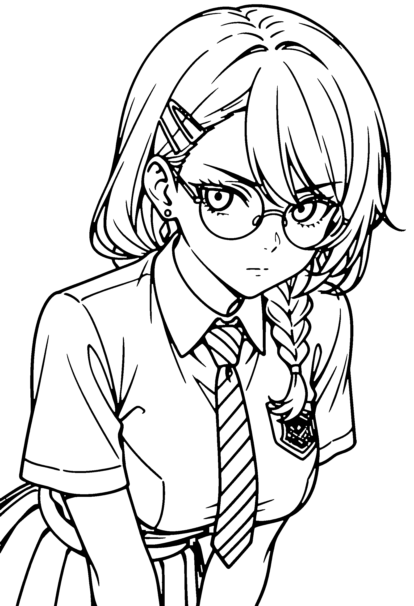 Black and white line art coloring page of an anime girl with long hair, braid, school uniform, glasses and serious