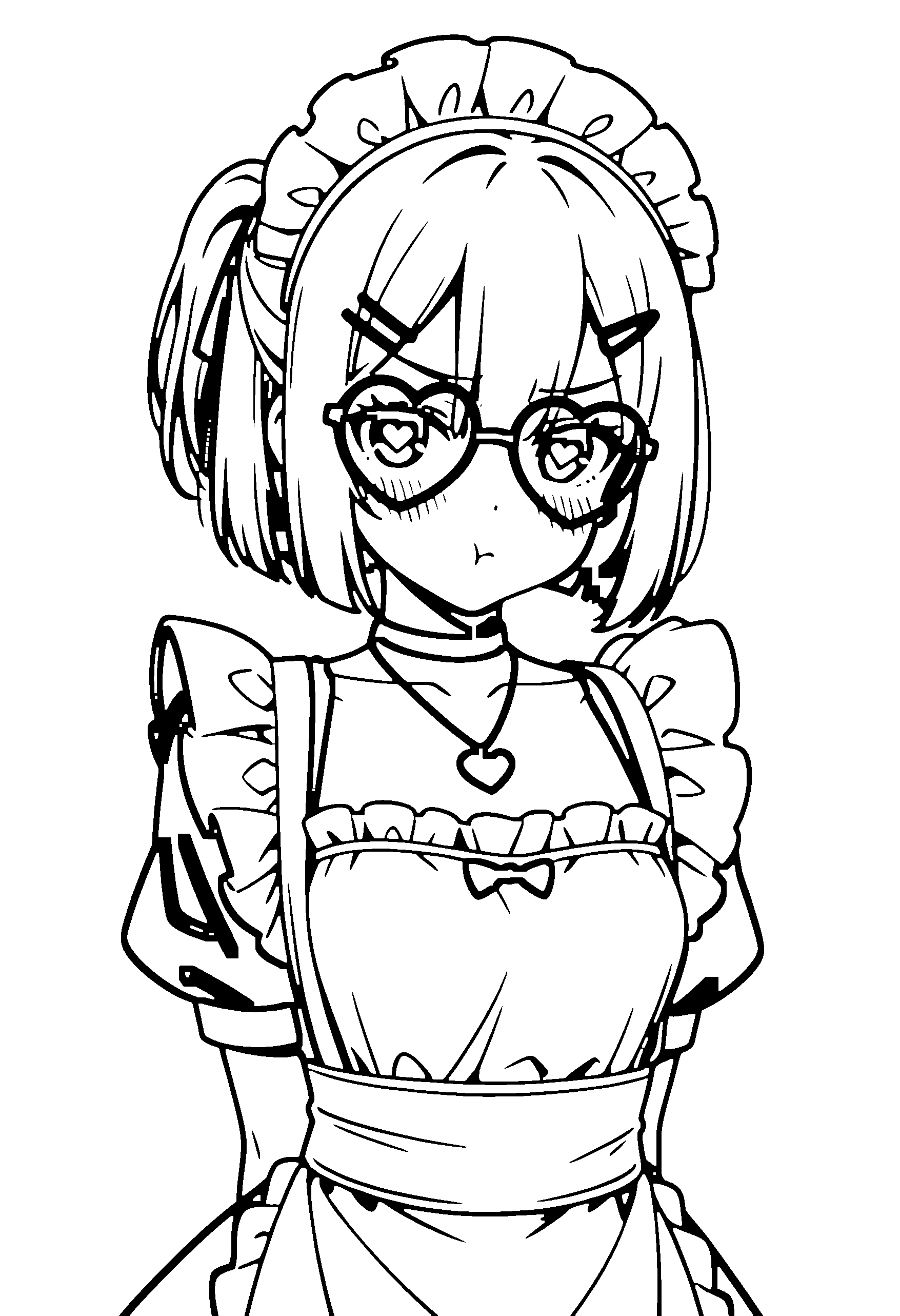Black and white line art coloring page of an anime girl with maid outfit, bob cut, ponytail, dress, glasses, necklace and frowning