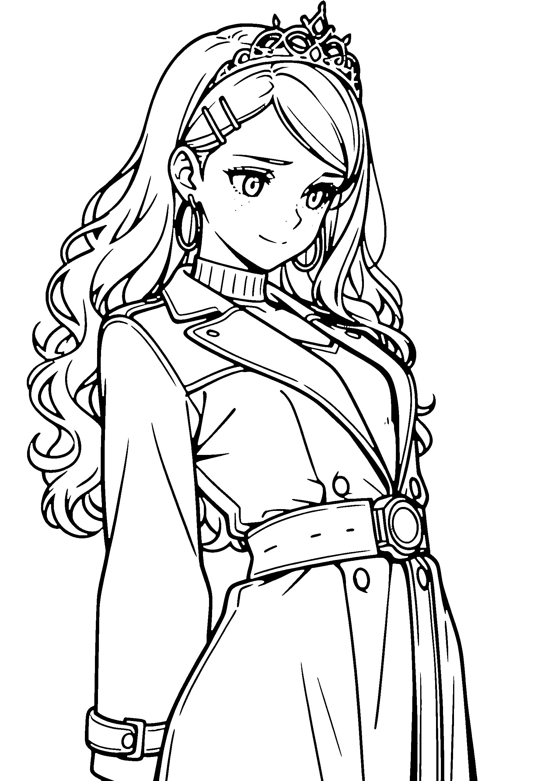 Black and white line art coloring page of an anime girl with long hair, wavy hair, coat, tiara, choker and shy