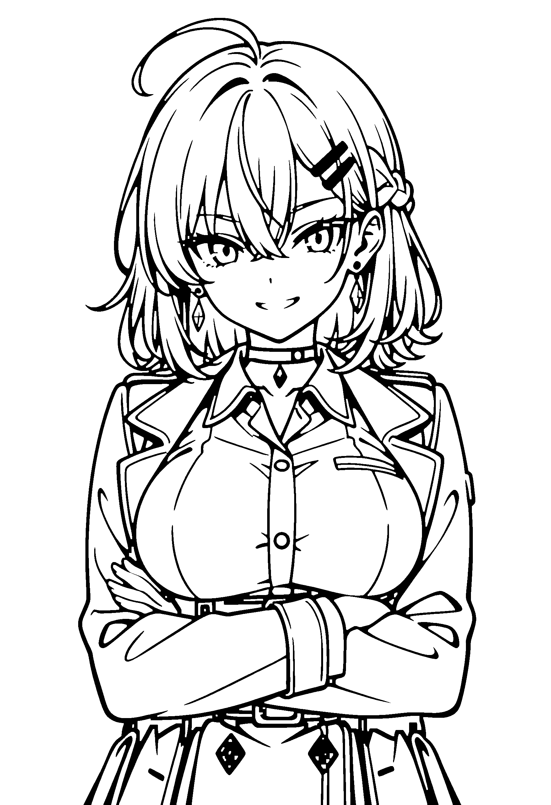 Black and white line art coloring page of an anime girl with medium hair, braid, collared shirt, choker and grinning