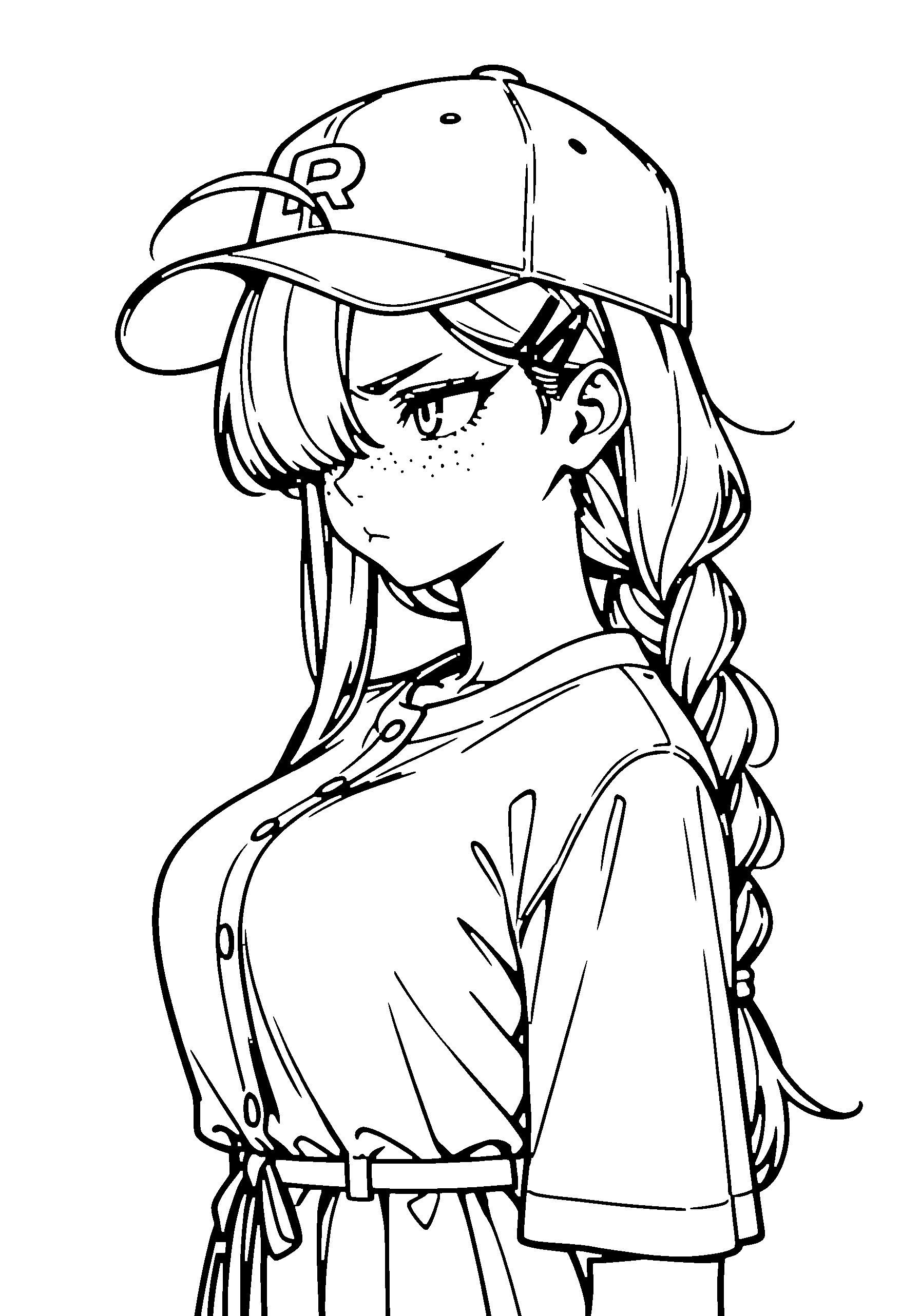 Black and white line art coloring page of an anime girl with long hair, braid, dress, cap and frowning