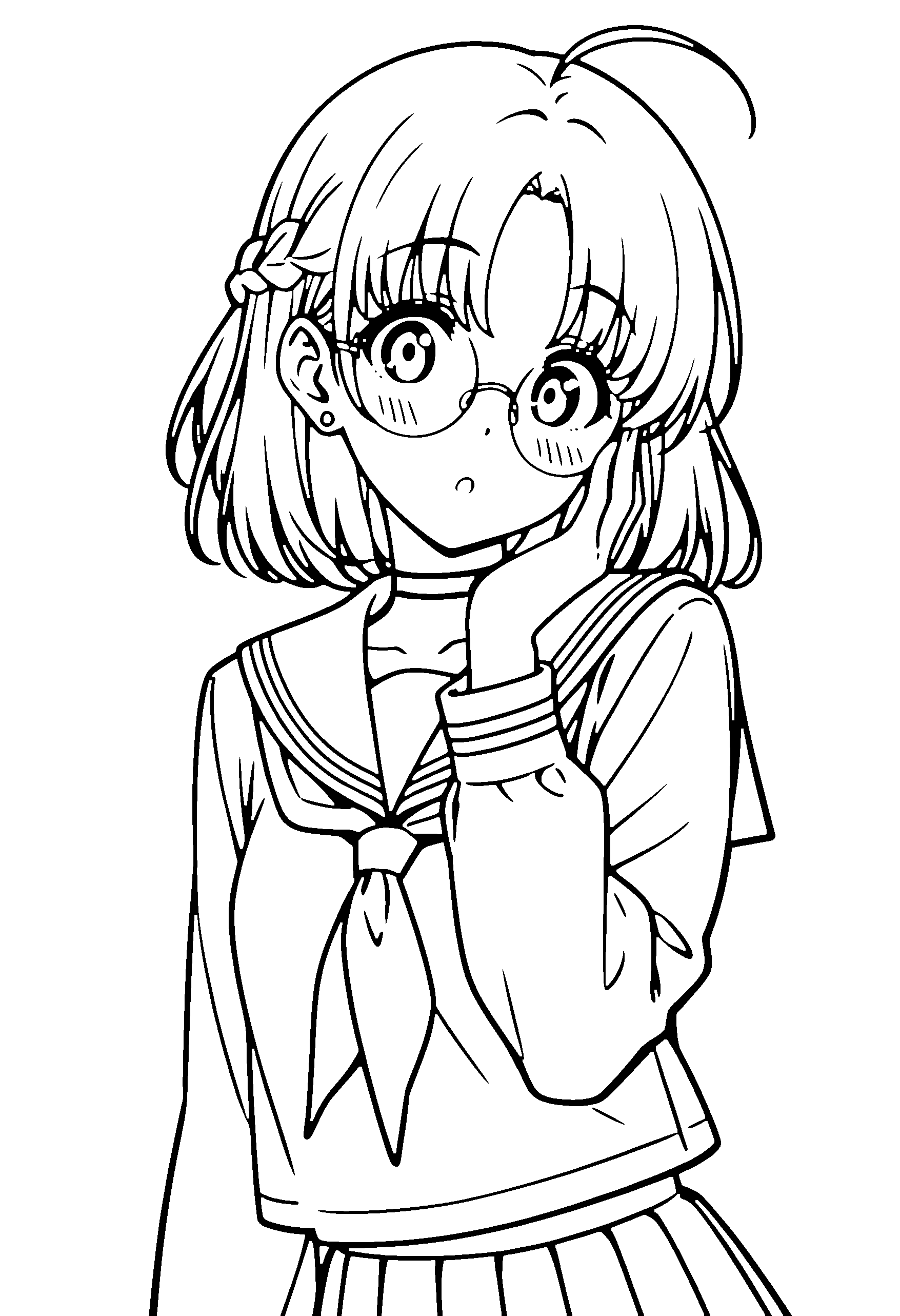 Black and white line art coloring page of an anime girl with medium hair, braid, school uniform, glasses, choker and surprised