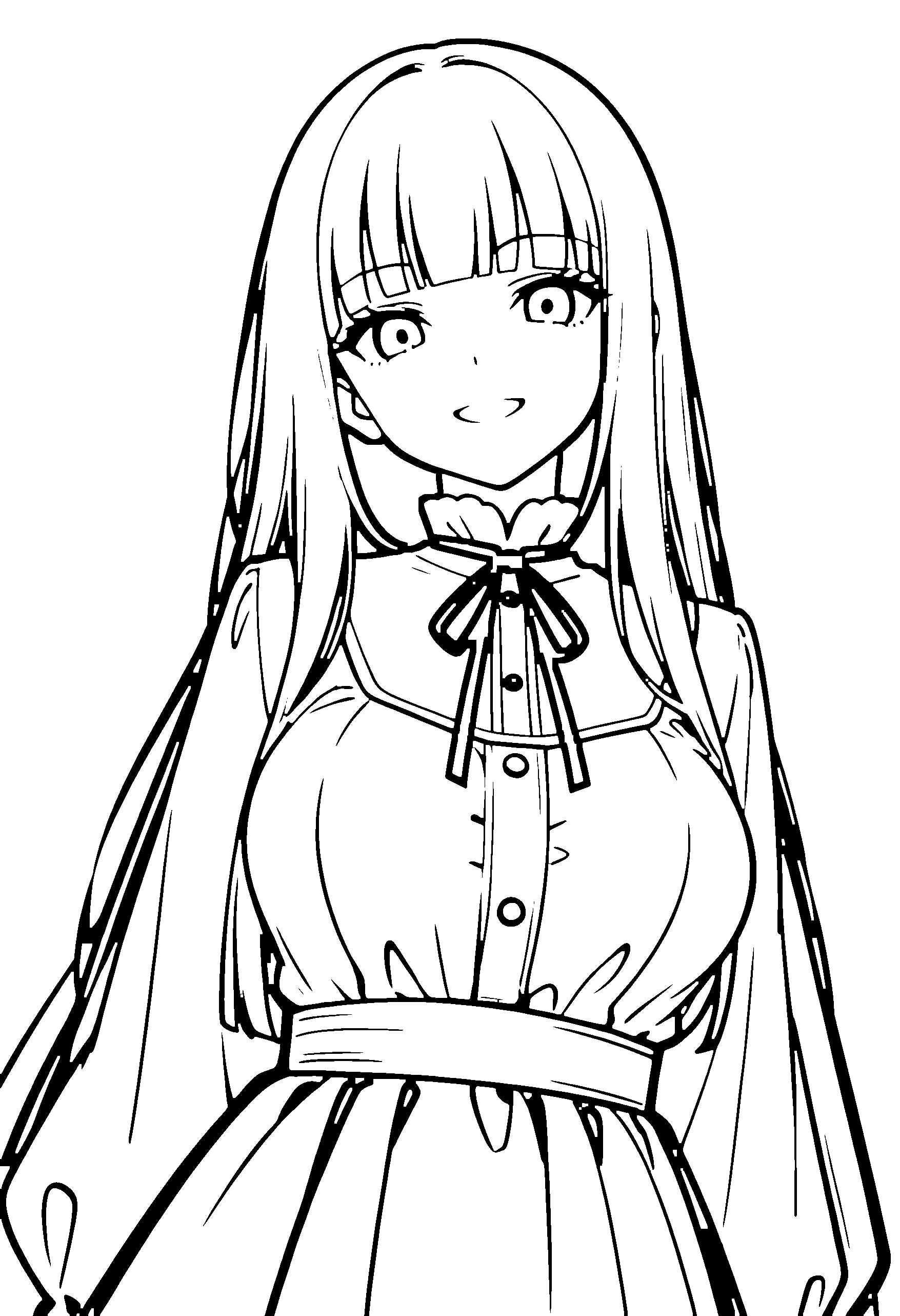 Black and white line art coloring page of an anime girl with long hair, dress, ribbon and grinning