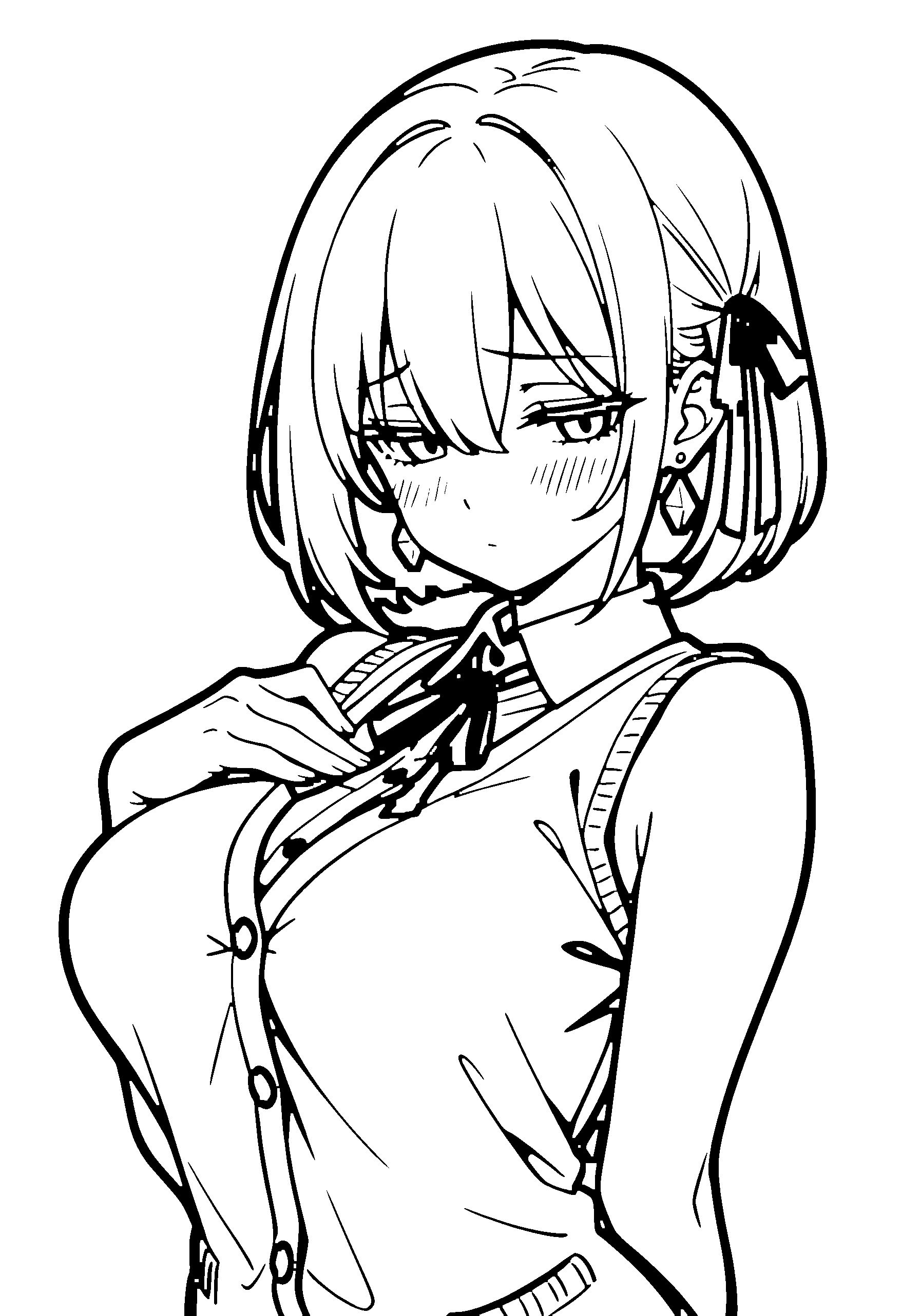 Black and white line art coloring page of an anime girl with bob cut, collared shirt, ribbon and shy