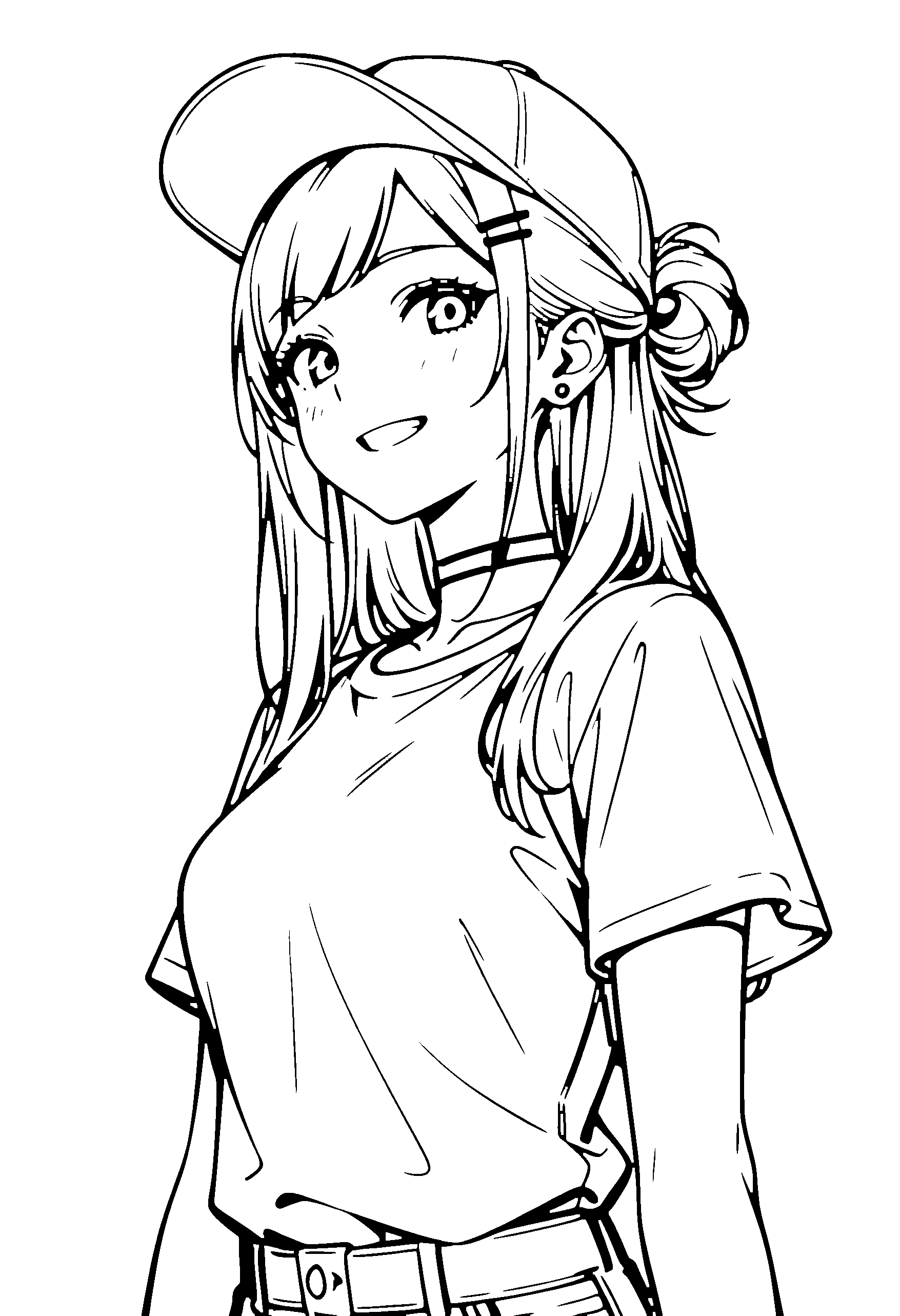 Black and white line art coloring page of an anime girl with long hair, hair bun, shirt, cap, choker and grinning