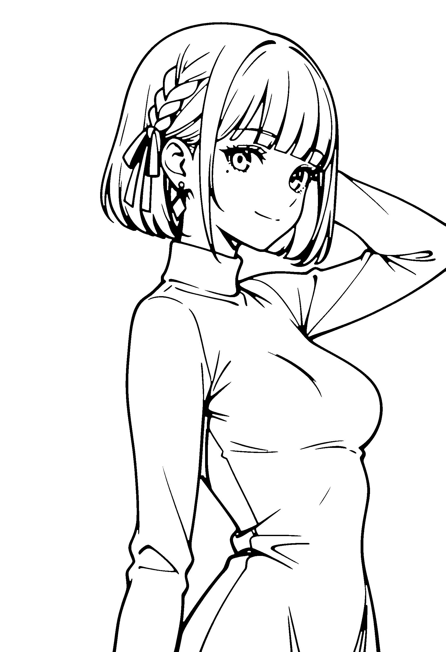 Black and white line art coloring page of an anime girl with bob cut, braid, turtleneck and smiling