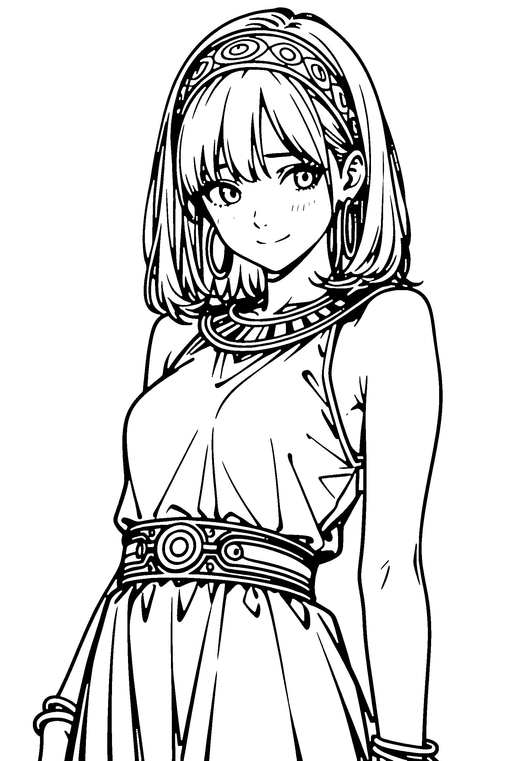 Black and white line art coloring page of an anime girl with medium hair, dress, headband and shy