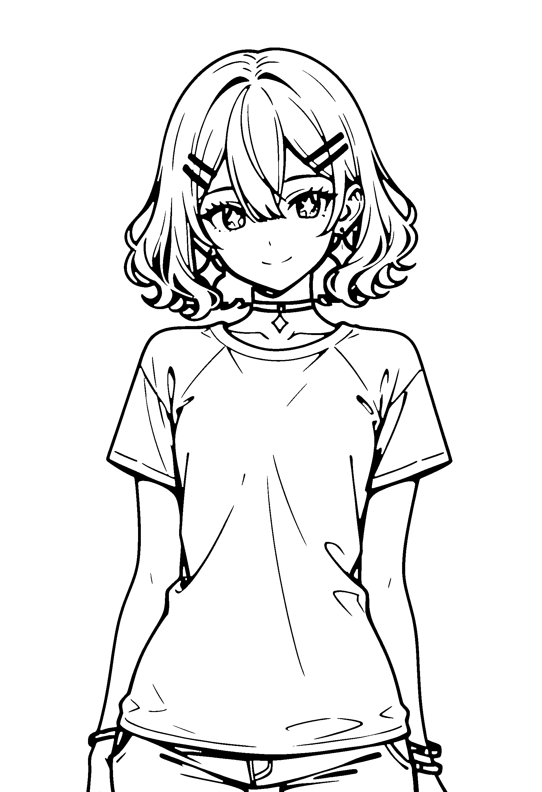 Black and white line art coloring page of an anime girl with bob cut, wavy hair, t-shirt, choker and smiling