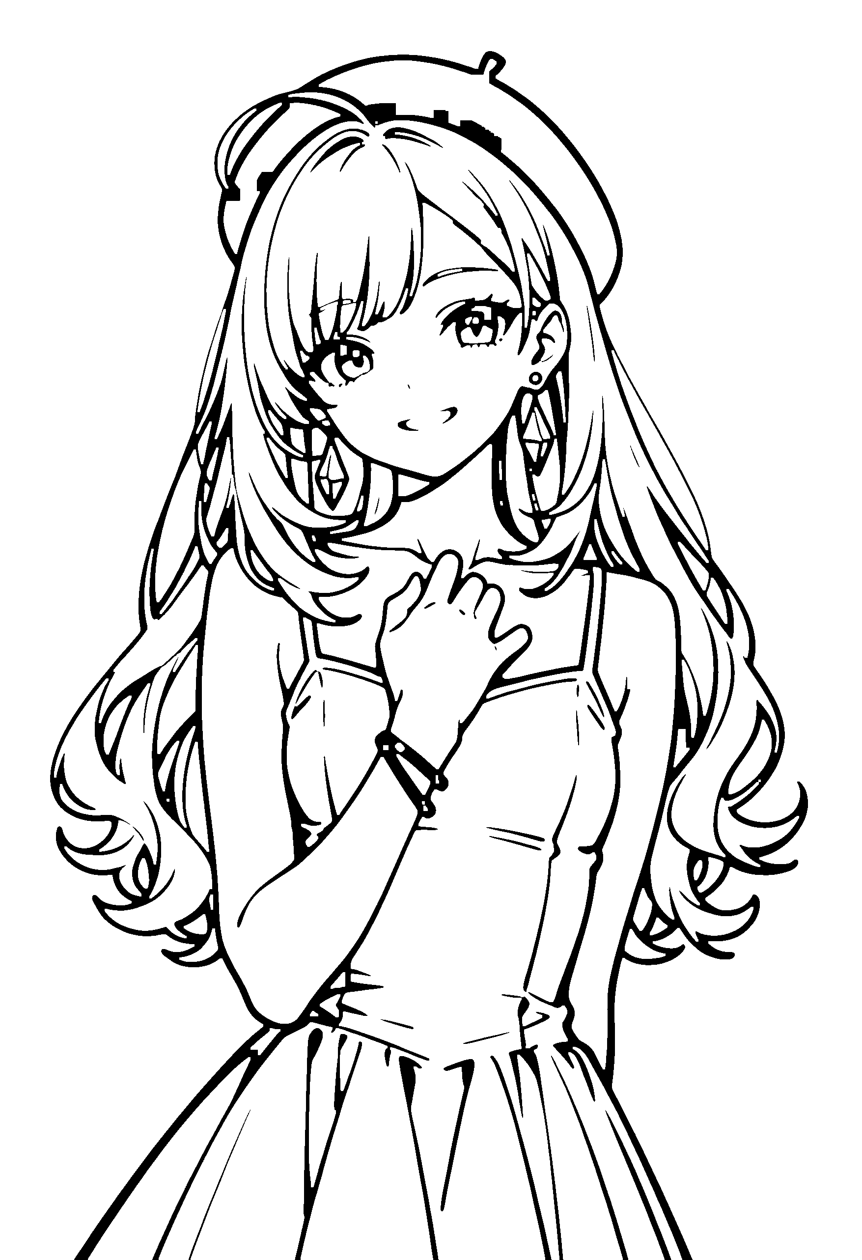 Black and white line art coloring page of an anime girl with long hair, dress, beret and grinning