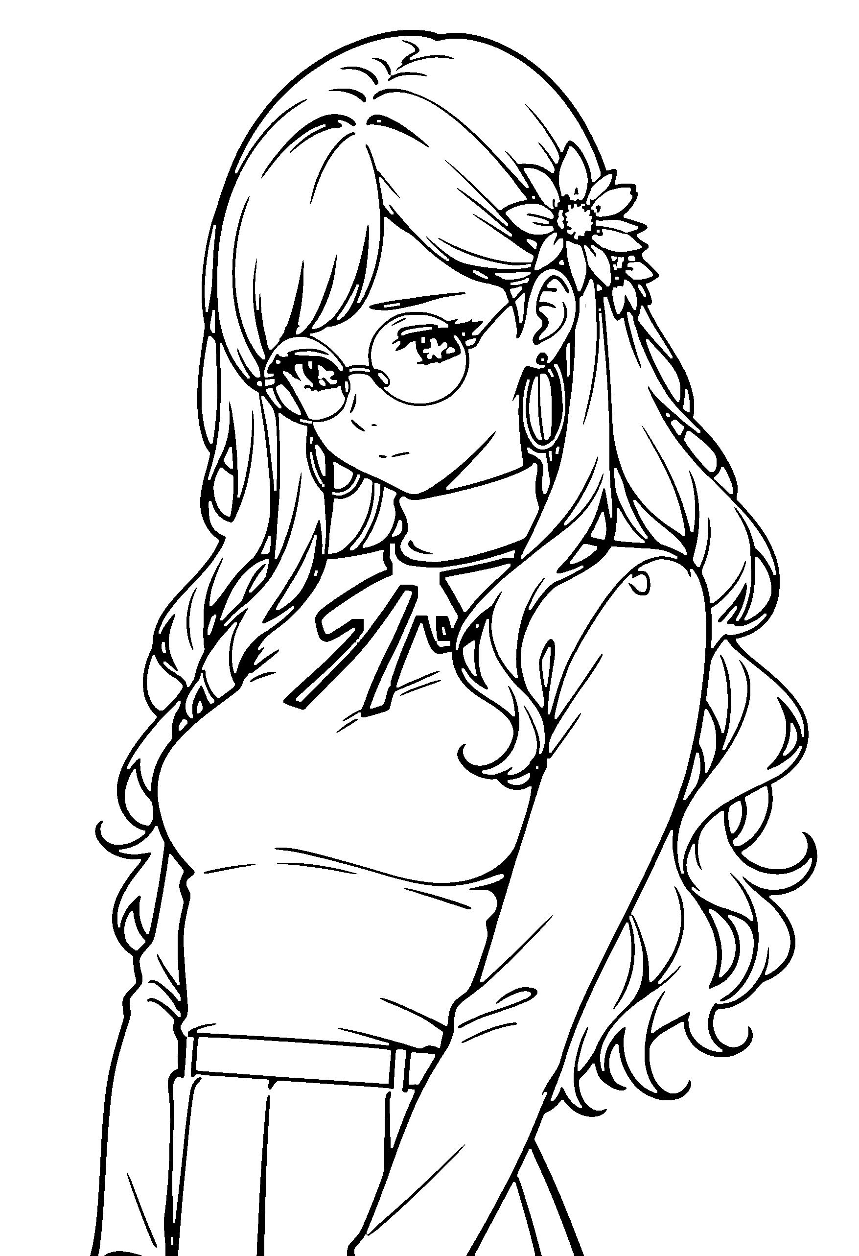 Black and white line art coloring page of an anime girl with long hair, wavy hair, turtleneck, hair flower, glasses and shy