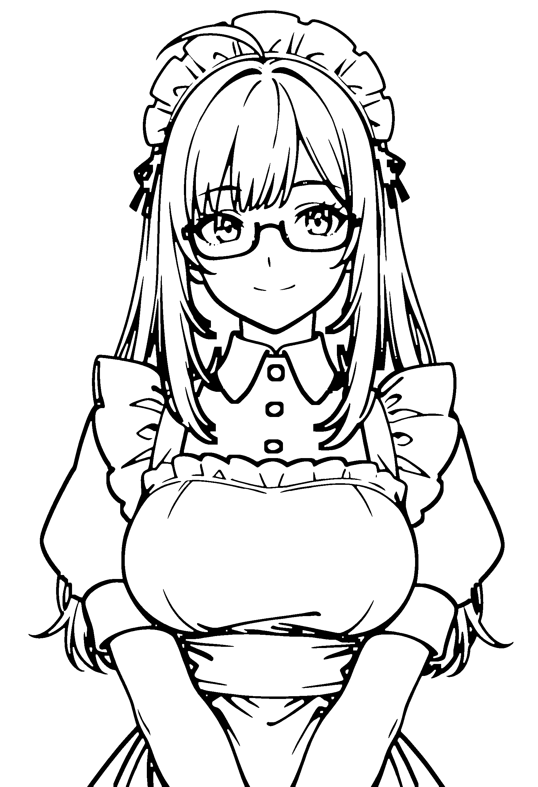 Black and white line art coloring page of an anime girl with maid outfit, long hair, dress, glasses and smiling