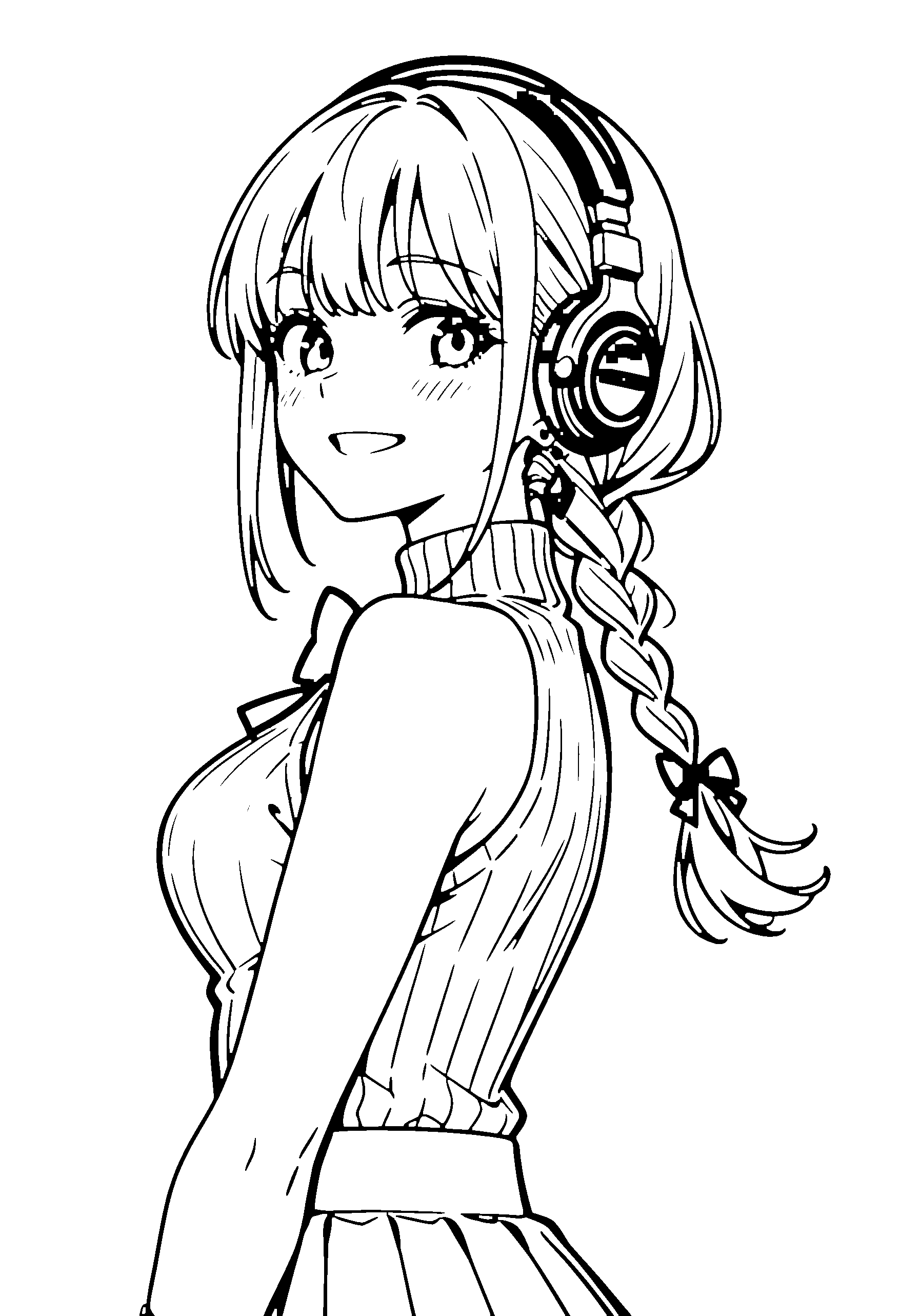 Black and white line art coloring page of an anime girl with long hair, braid, turtleneck, headphones, bow tie and grinning