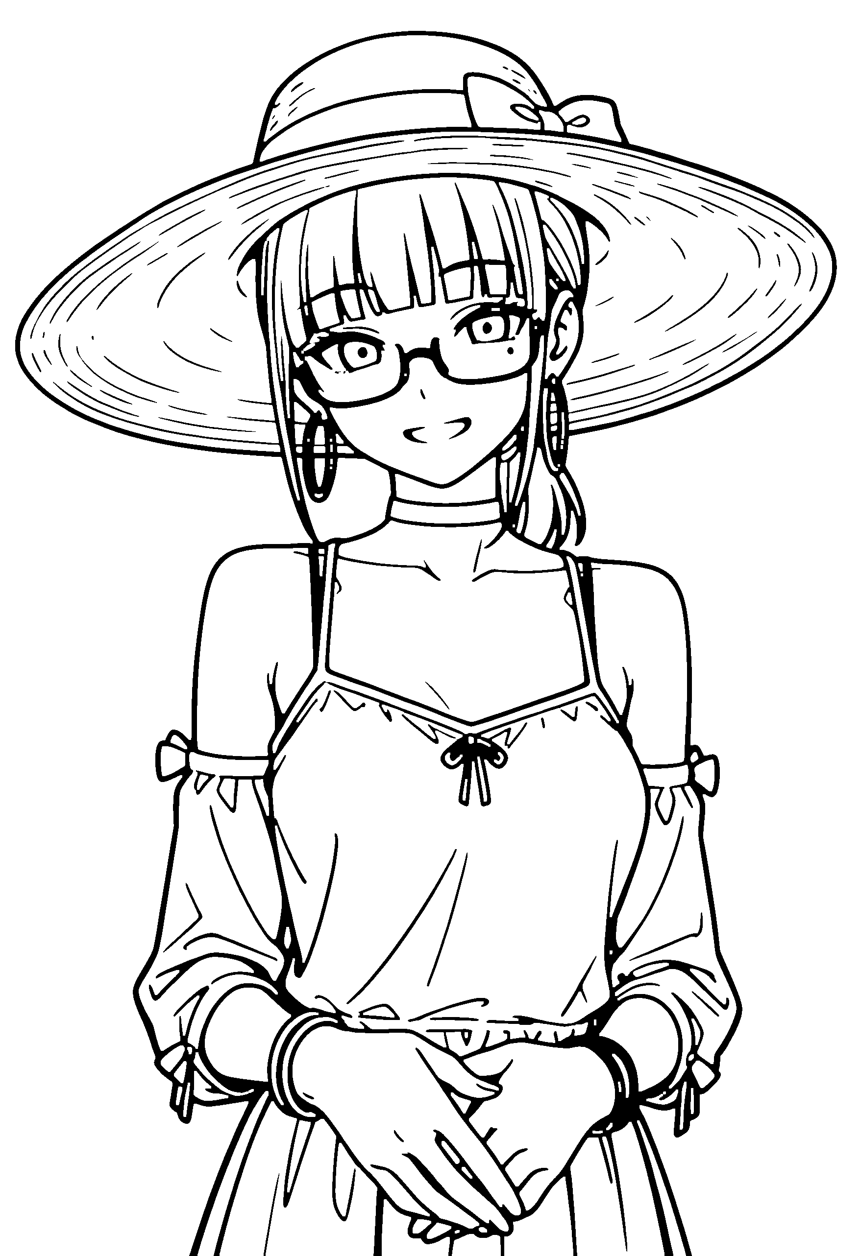 Black and white line art coloring page of an anime girl with medium hair, ponytail, camisole, sun hat, glasses, choker and grinning