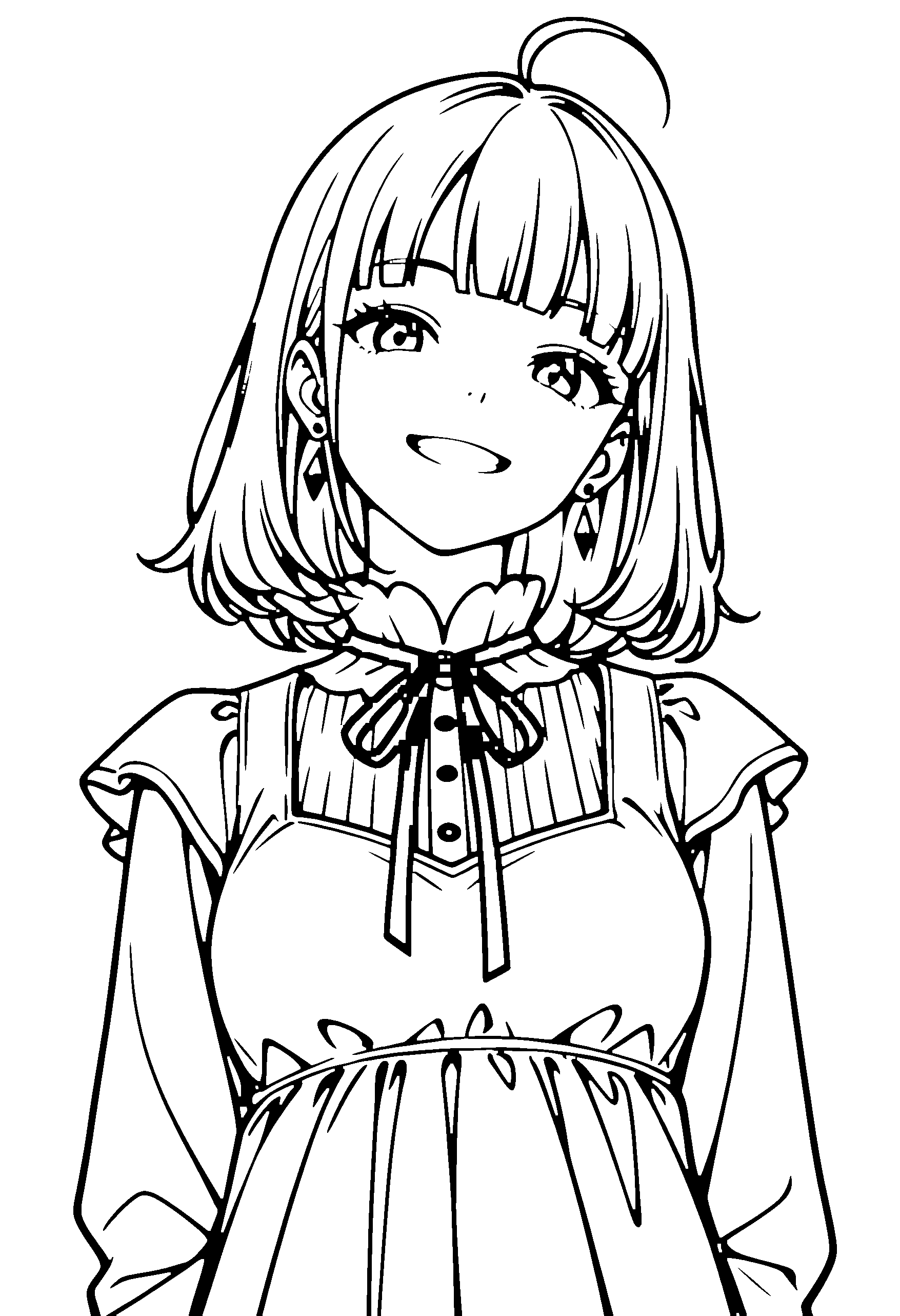 Black and white line art coloring page of an anime girl with medium hair, dress, ribbon and grinning
