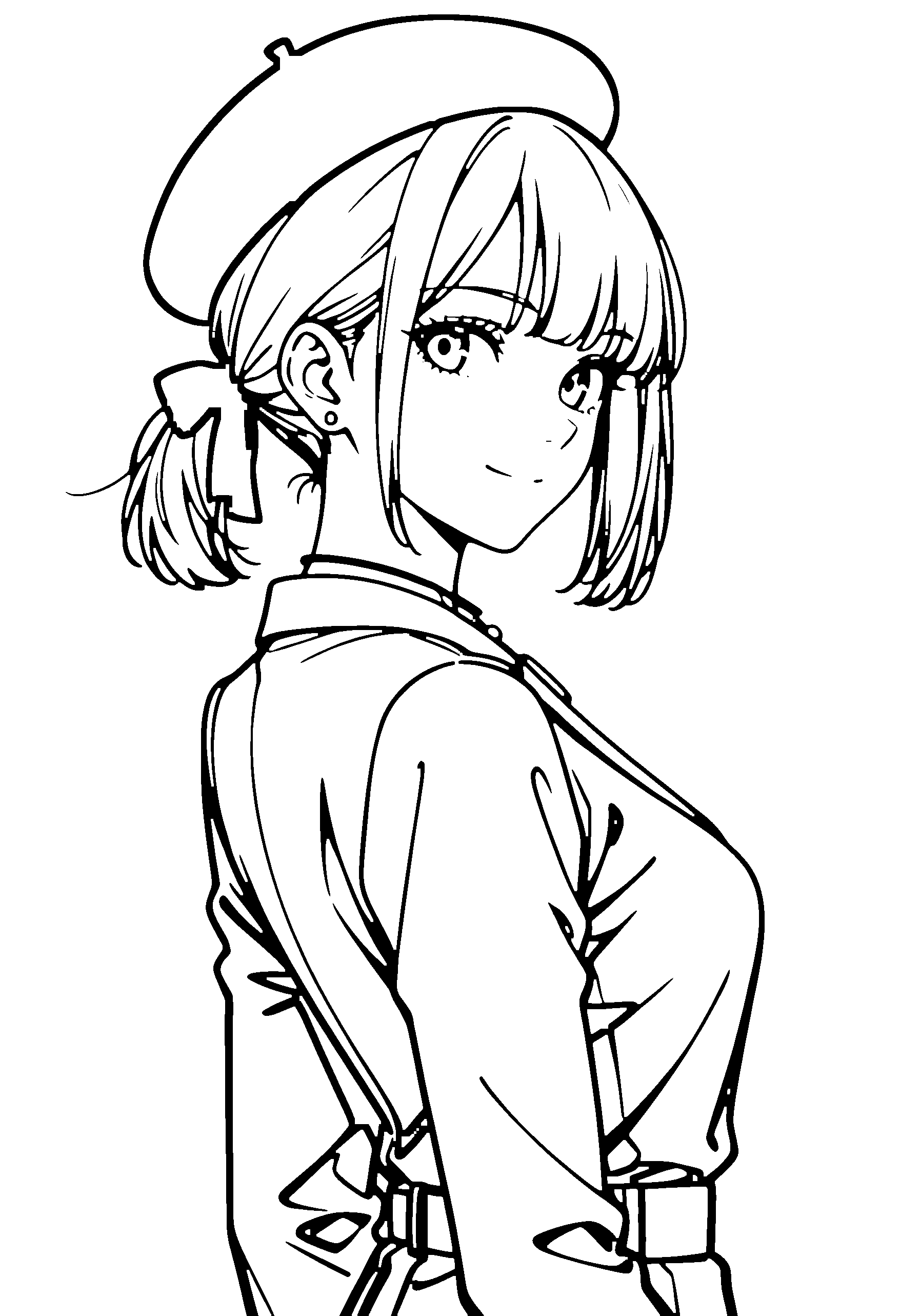 Black and white line art coloring page of an anime girl with bob cut, ponytail, suit, beret, necklace and smiling