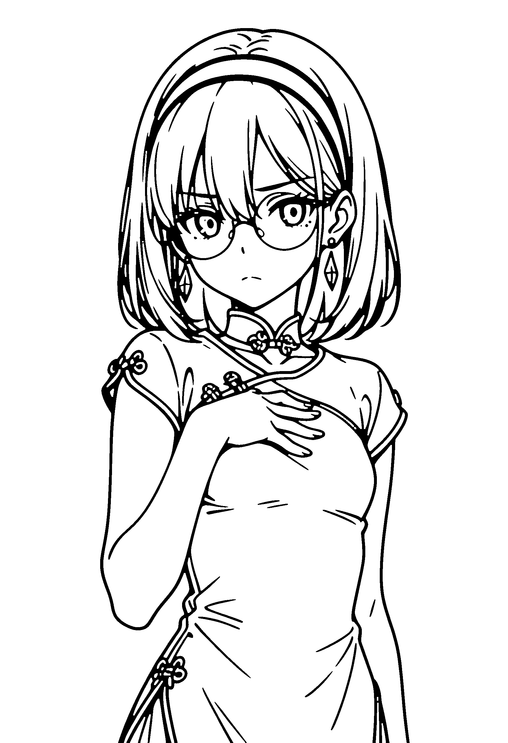 Black and white line art coloring page of an anime girl with medium hair, chinese dress, headband, glasses, choker and frowning